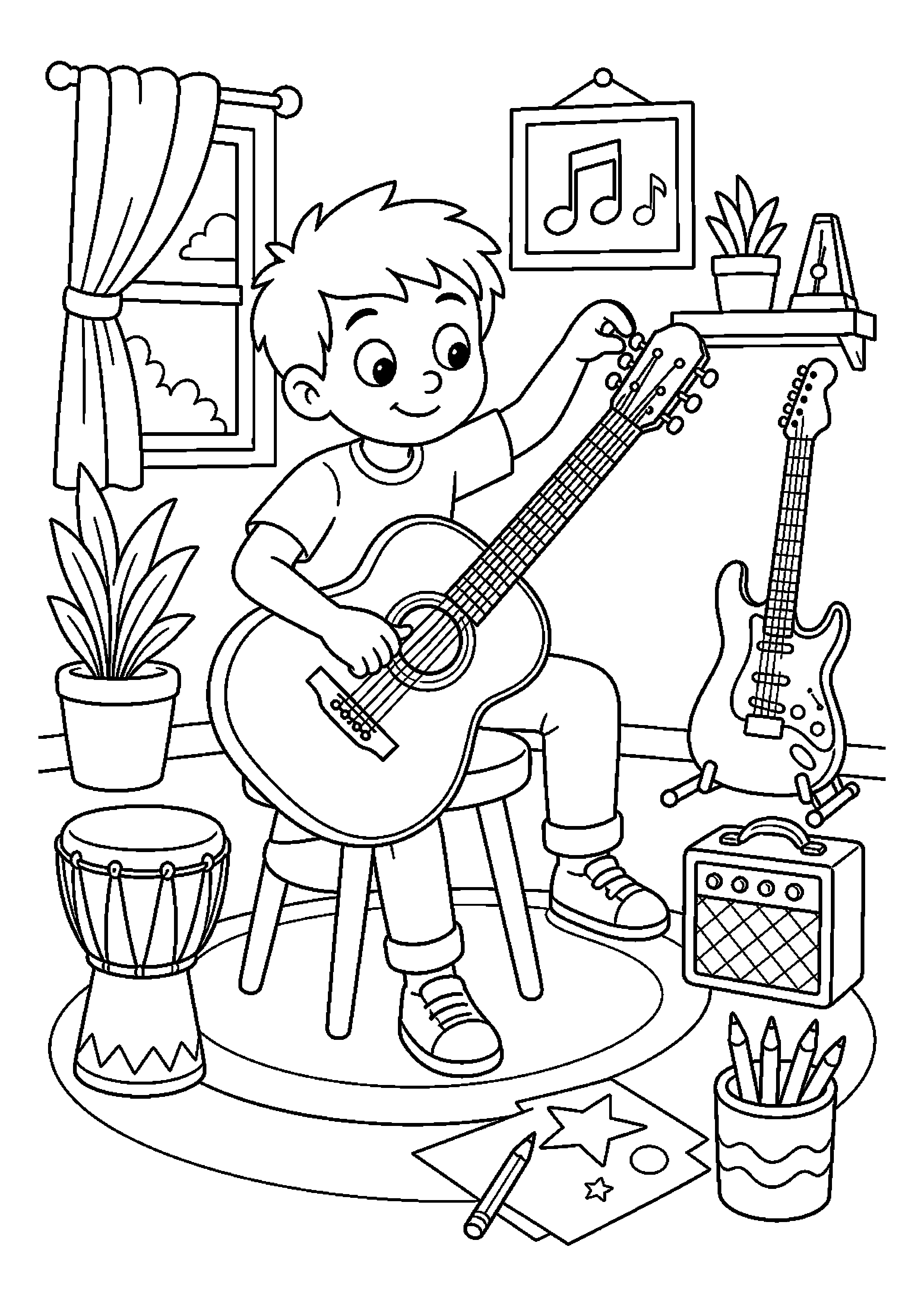 Gitarzysta stroi gitarę w pokoju muzycznym