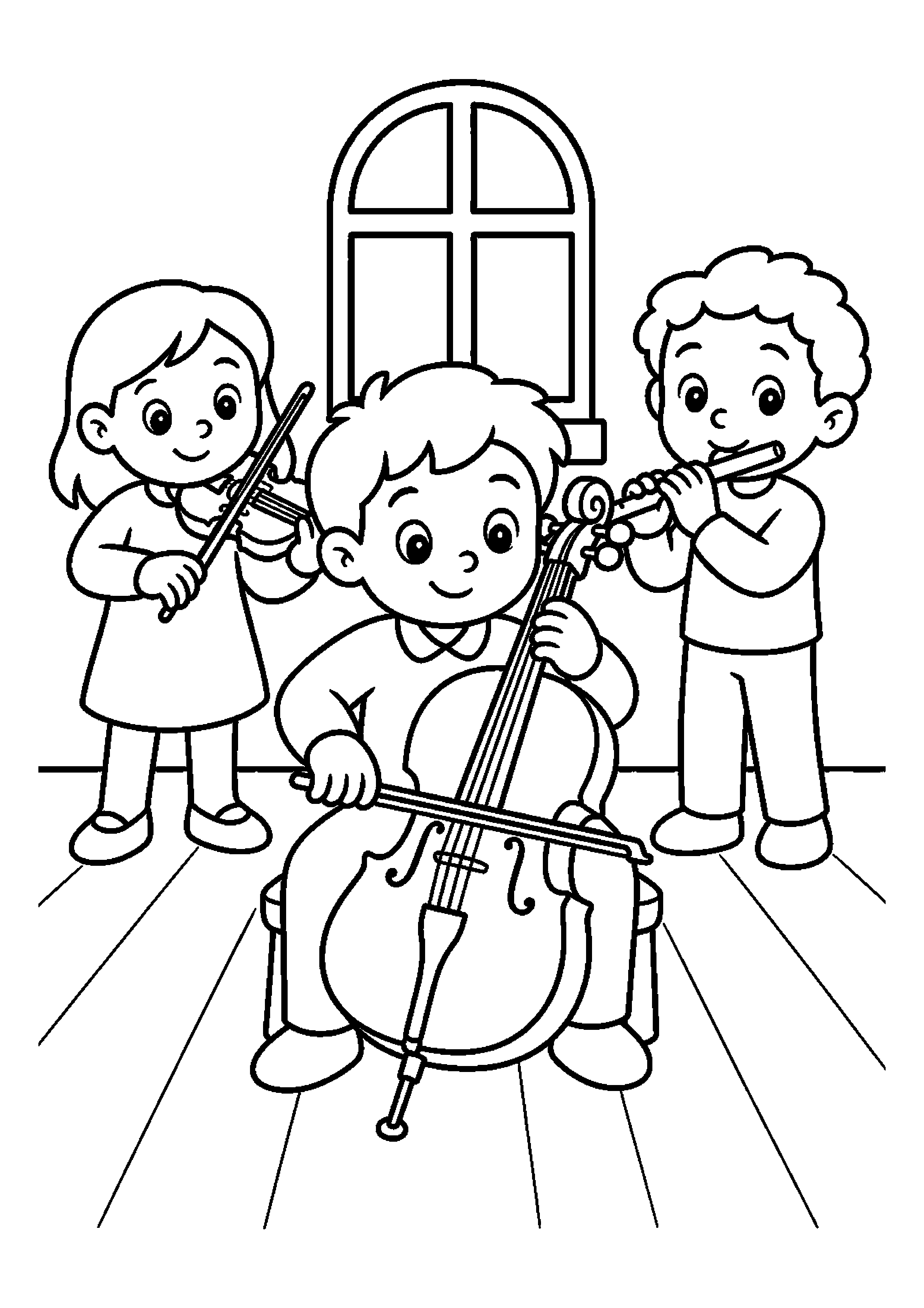 Wiolonczelistka występuje w trio w pokoju ćwiczeń