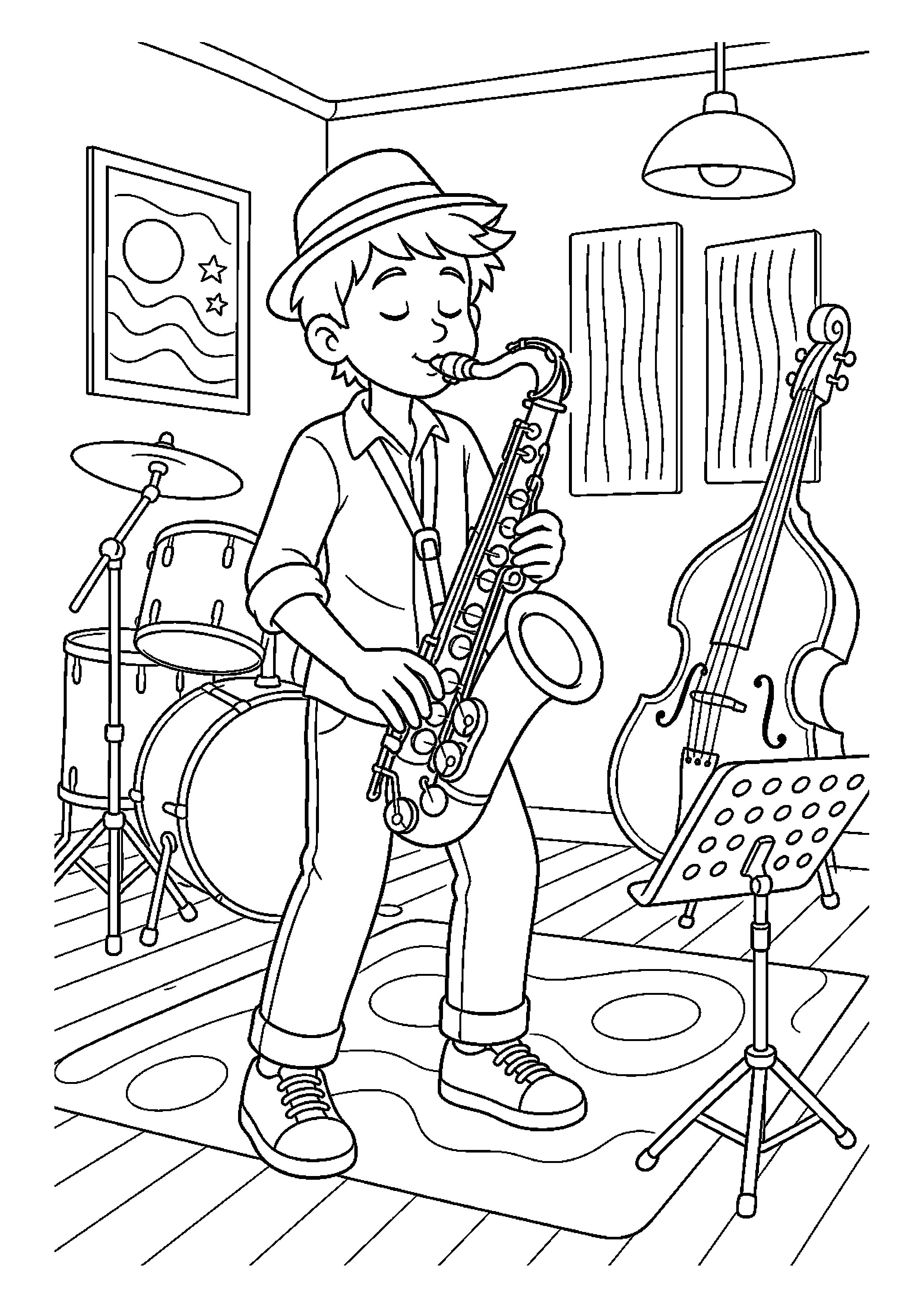 Saksofonista gra jazzową melodię w sali prób