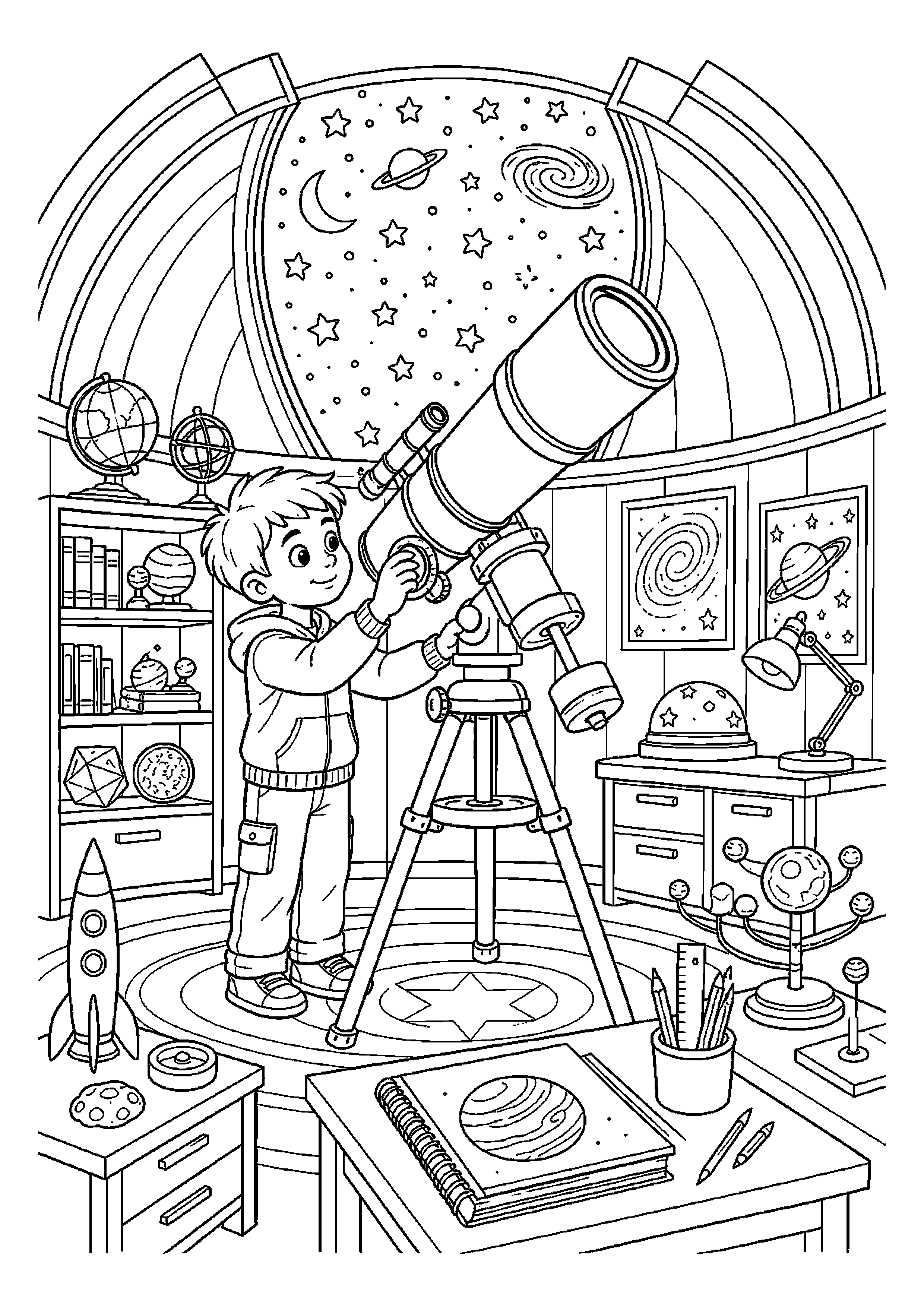 Mały astronom ustawia teleskop w obserwatorium w starannie uporządkowanej scenerii