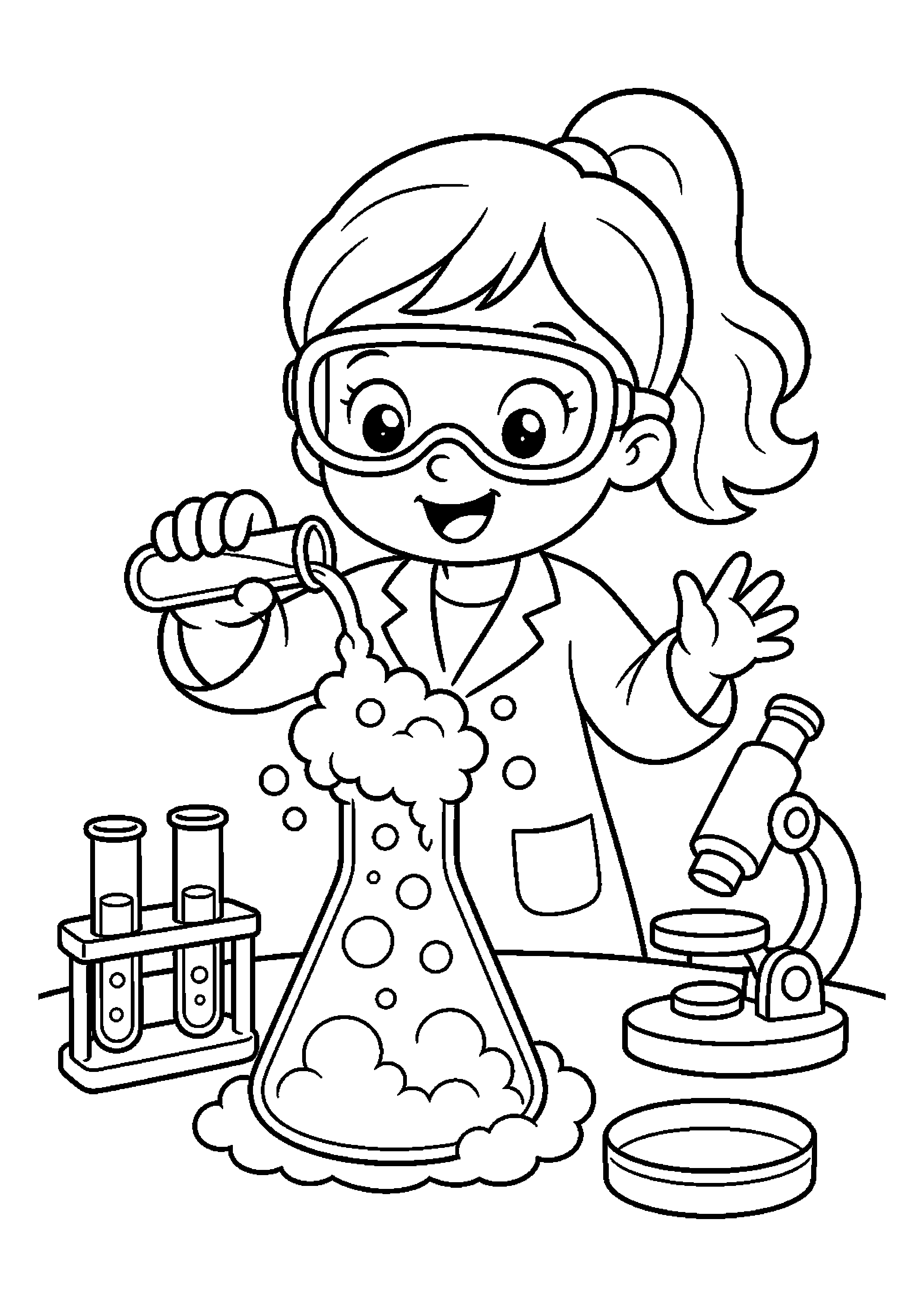 Młoda chemiczka tworzy pianę w bezpiecznym laboratorium z dodatkowymi przedmiotami badawczymi