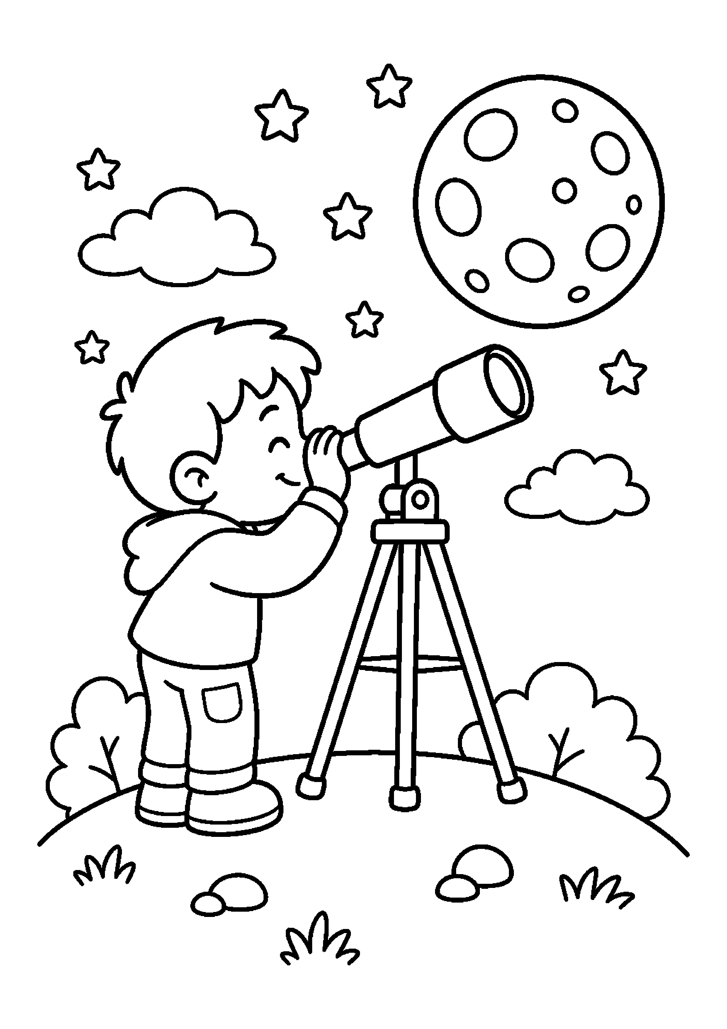 Mały astronom obserwuje Księżyc na wzgórzu