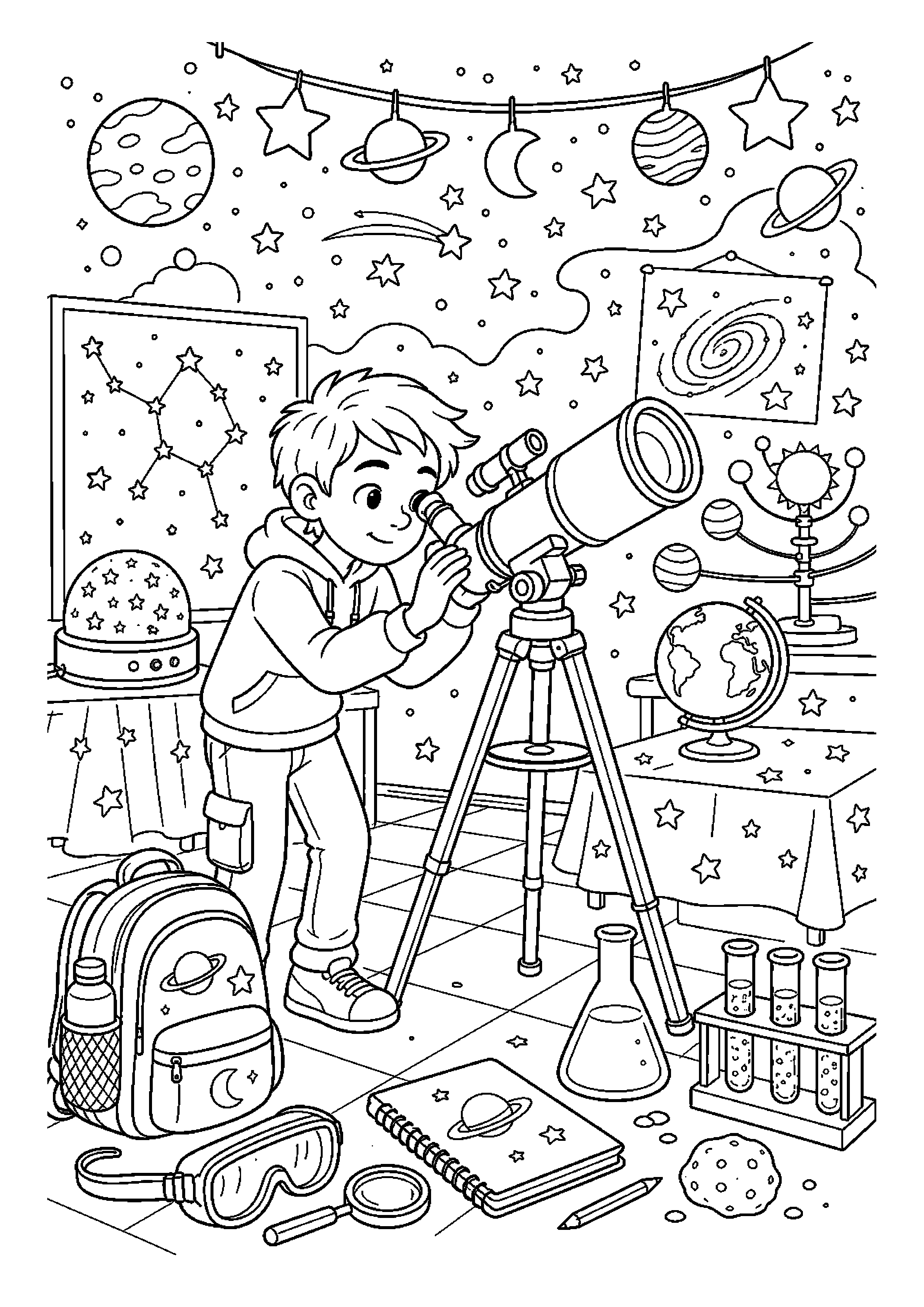 Mały astronom ogląda gwiazdy na szkolnym pokazie z bezpiecznymi przyborami