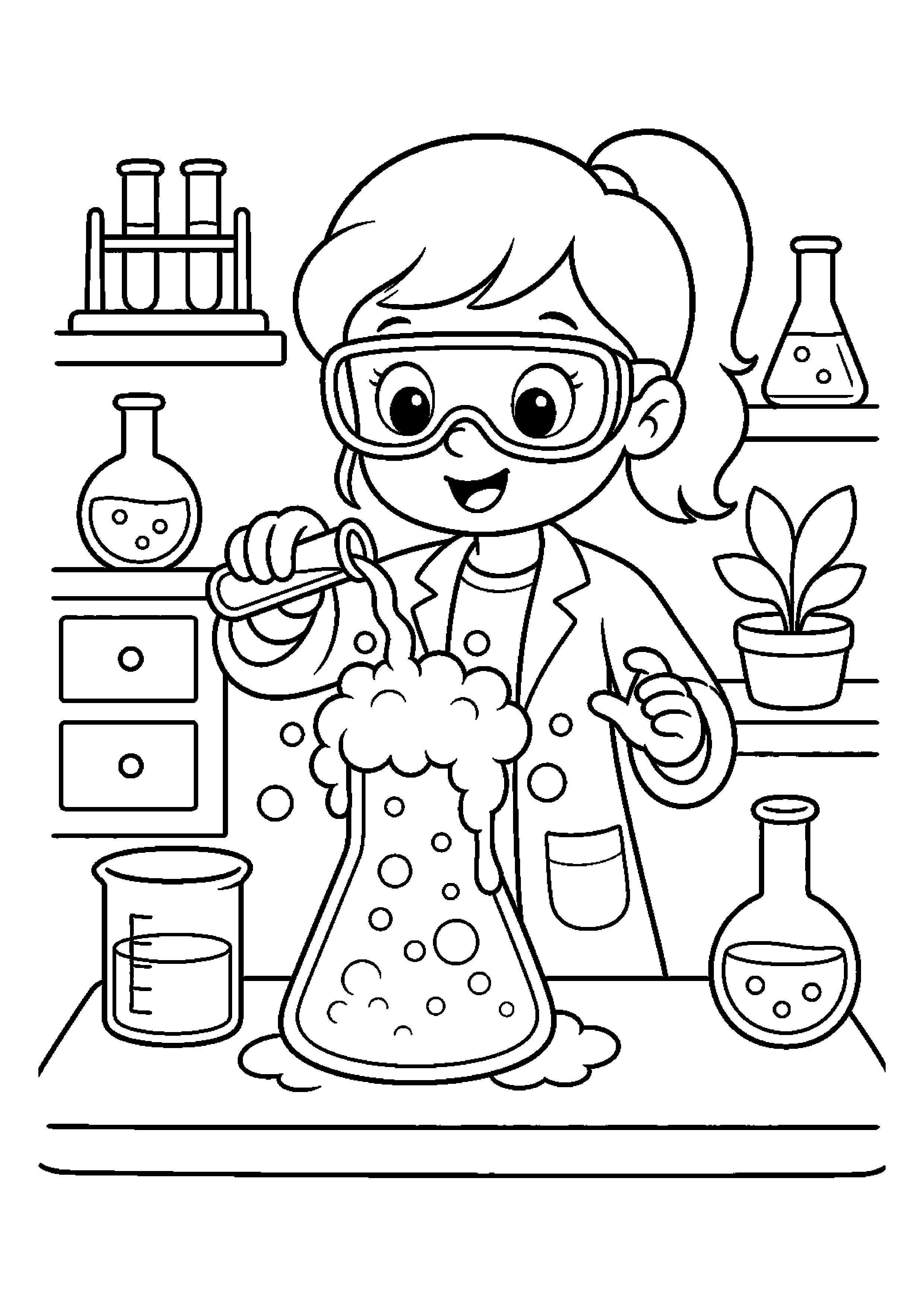 Młoda chemiczka tworzy pianę w bezpiecznym laboratorium w starannie uporządkowanej scenerii