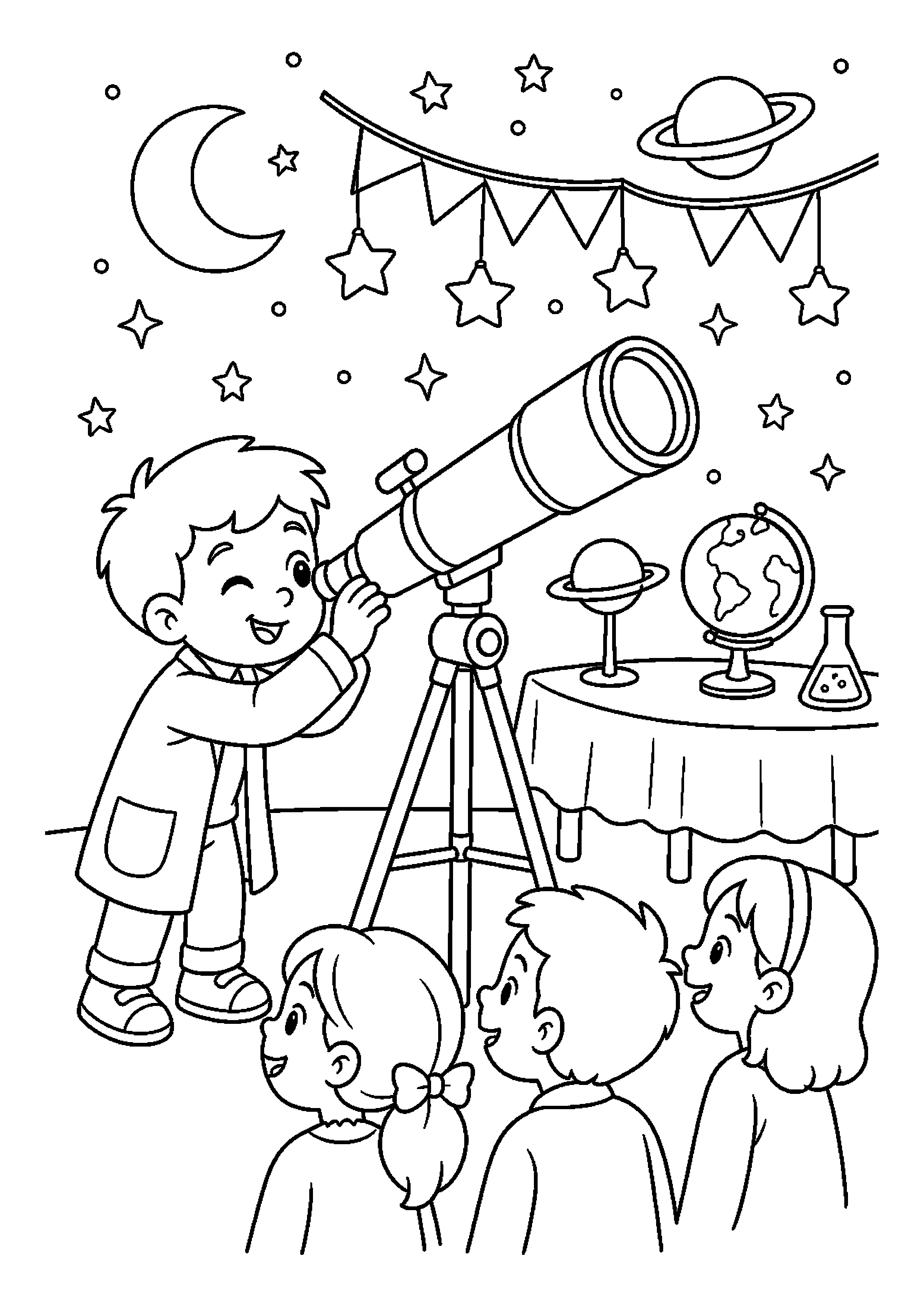 Mały astronom ogląda gwiazdy na szkolnym pokazie