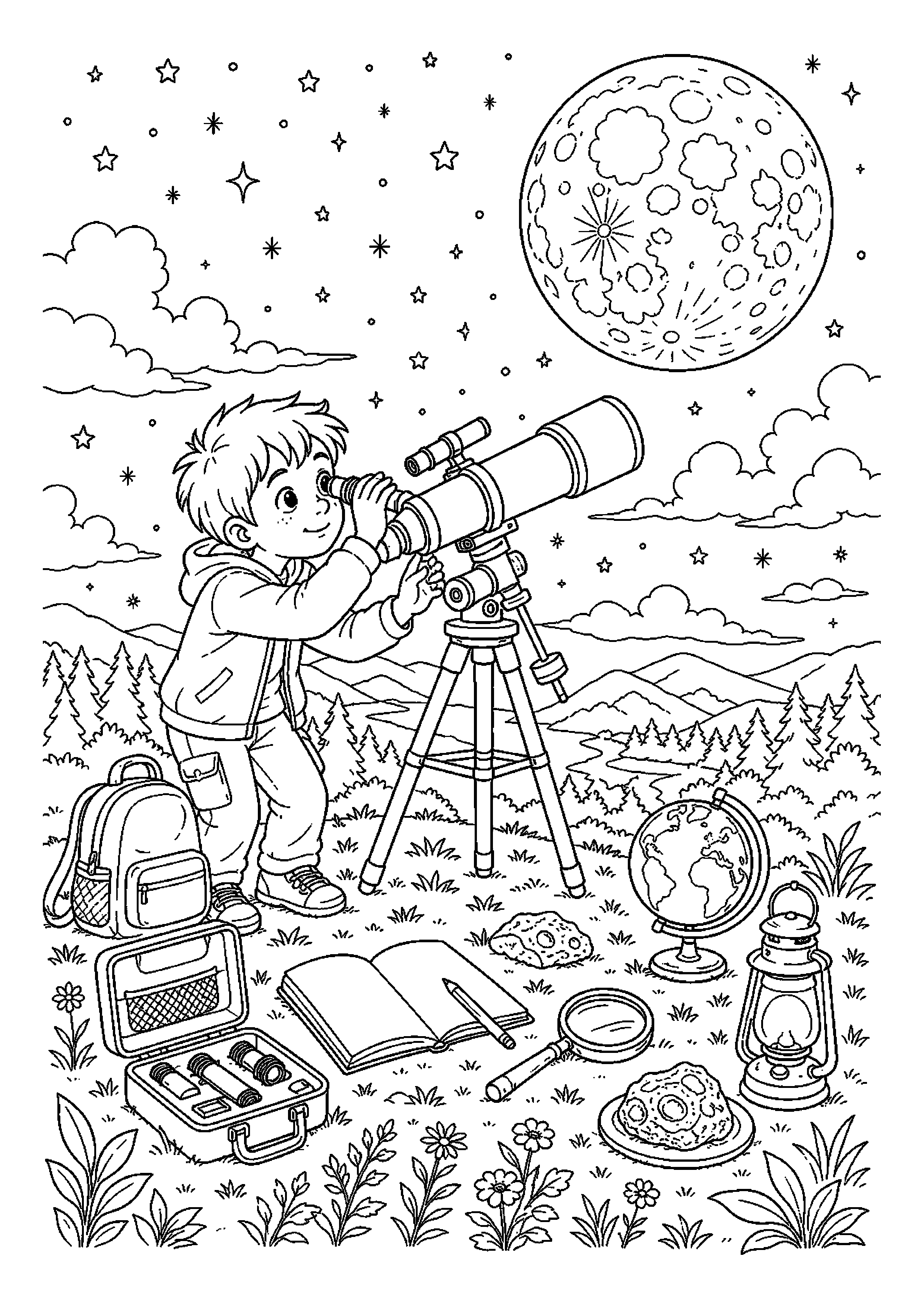Mały astronom obserwuje Księżyc na wzgórzu z dodatkowymi przedmiotami badawczymi