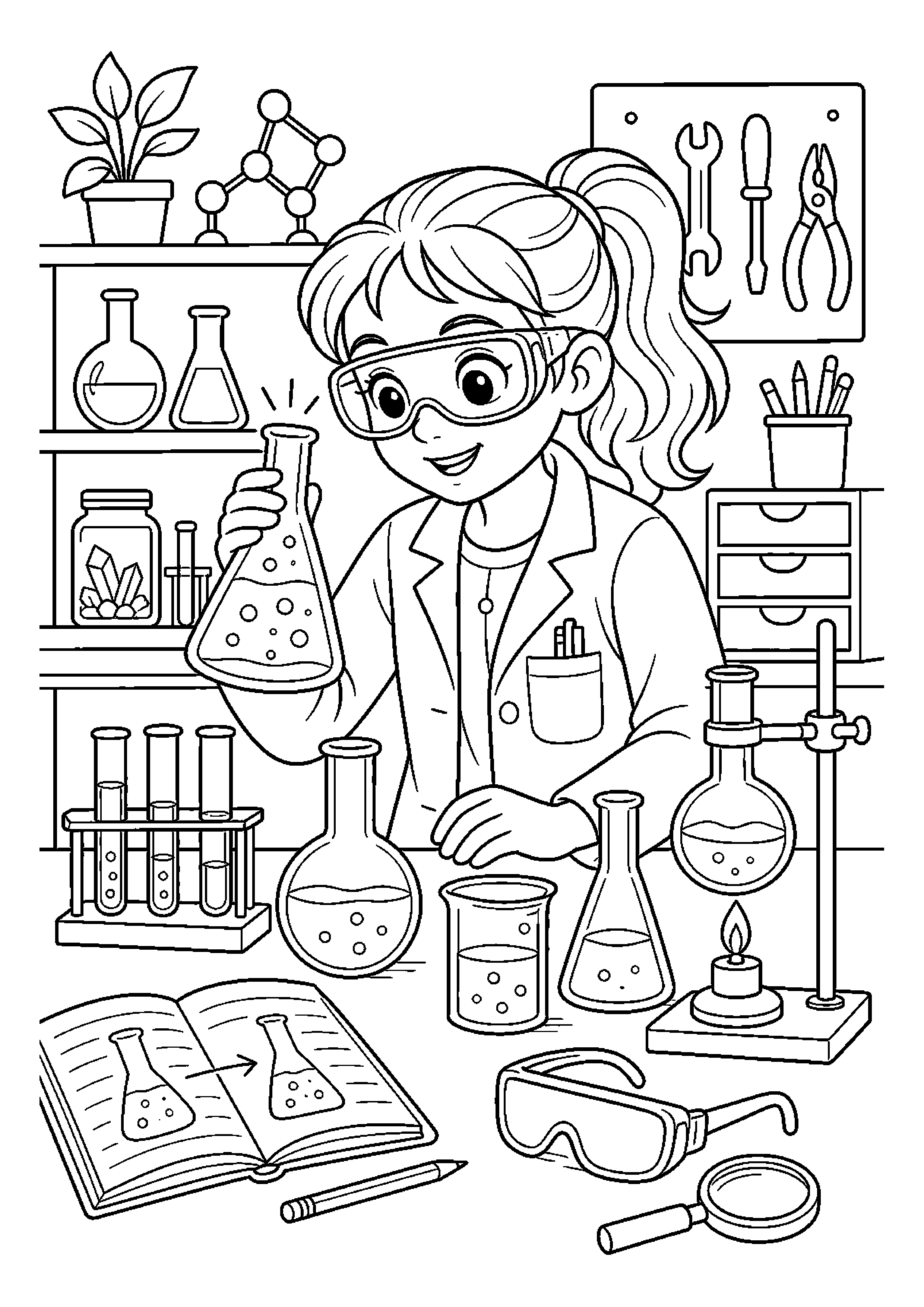 Młoda chemiczka obserwuje zmianę koloru bez barw w ilustracji na warsztatach