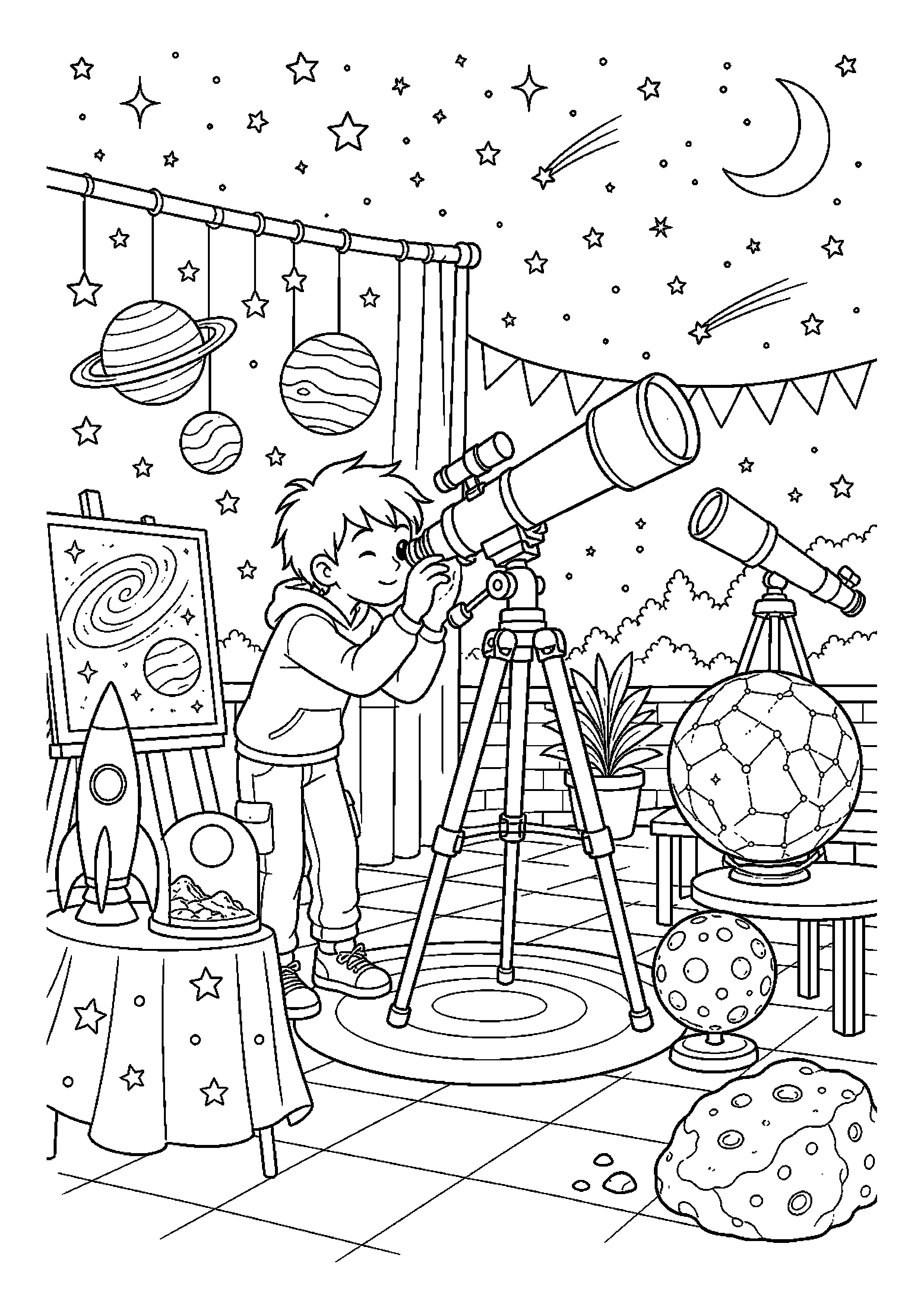 Mały astronom ogląda gwiazdy na szkolnym pokazie w starannie uporządkowanej scenerii