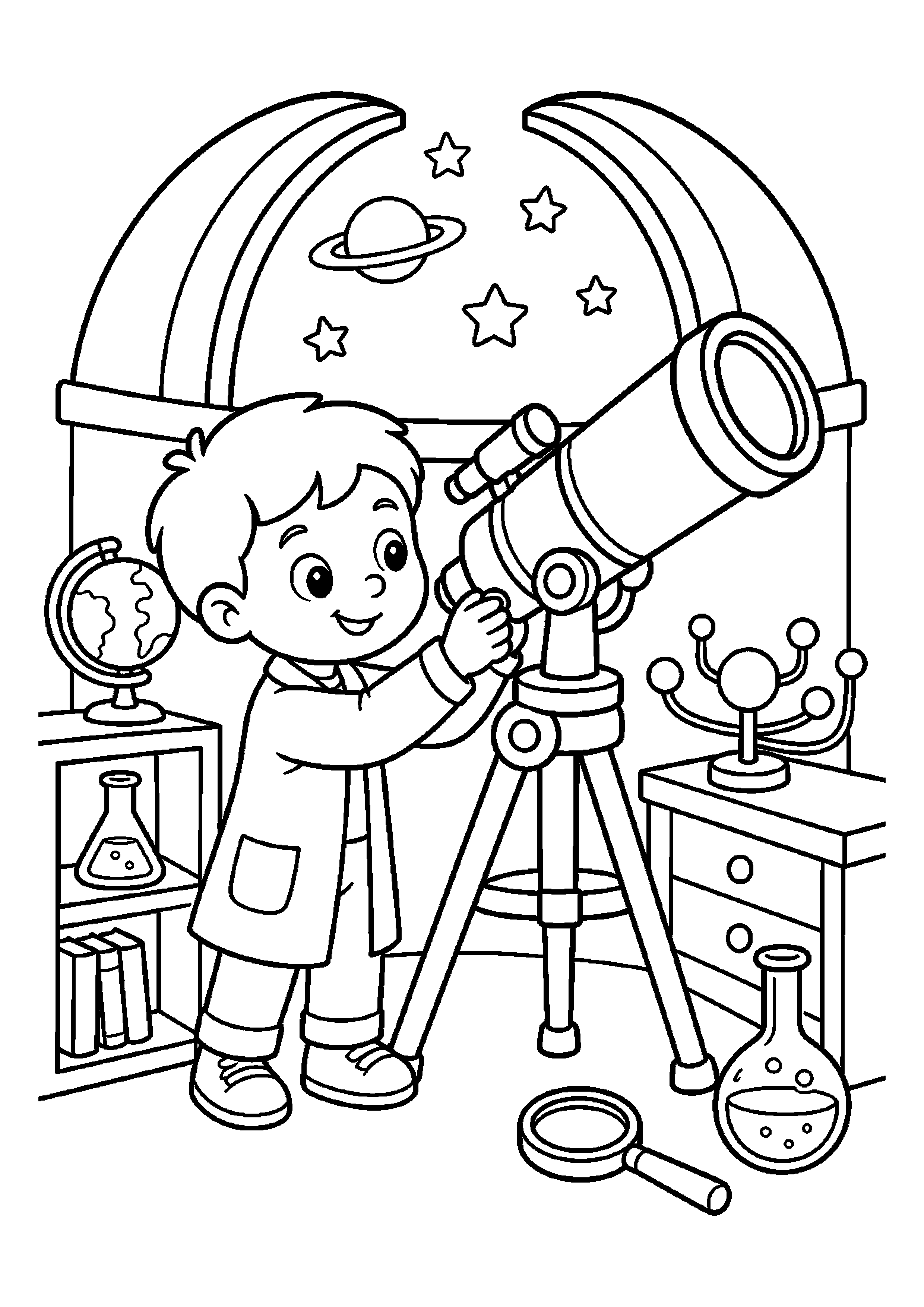 Mały astronom ustawia teleskop w obserwatorium z dodatkowymi przedmiotami badawczymi