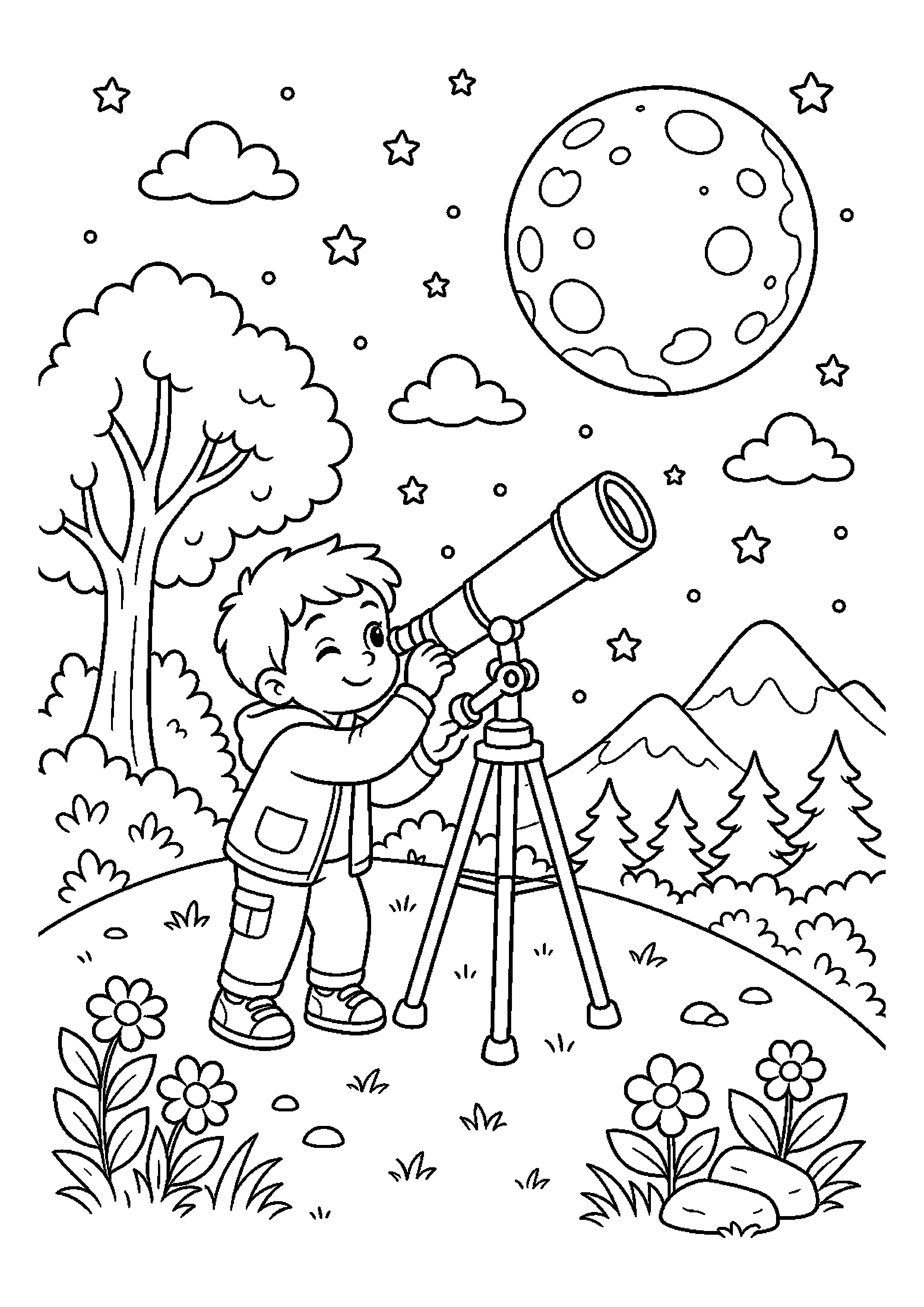 Mały astronom obserwuje Księżyc na wzgórzu w starannie uporządkowanej scenerii