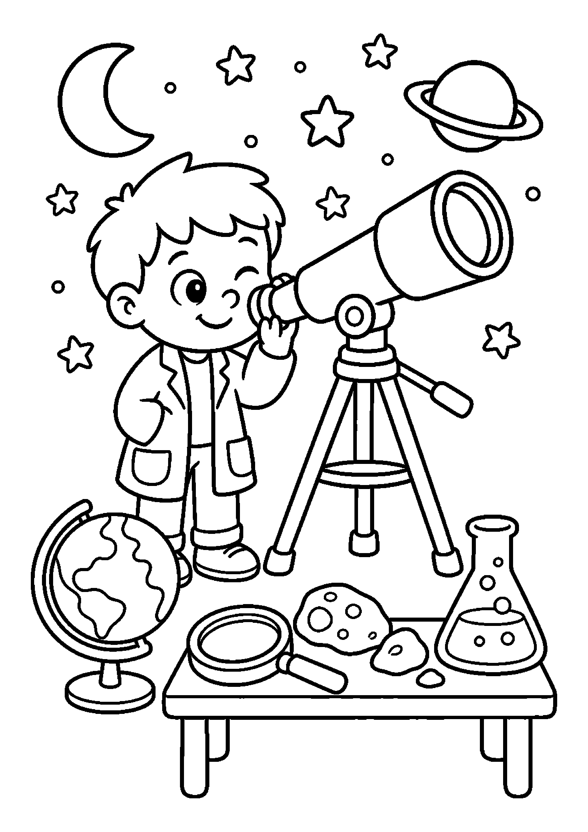 Mały astronom ogląda gwiazdy na szkolnym pokazie z dodatkowymi przedmiotami badawczymi