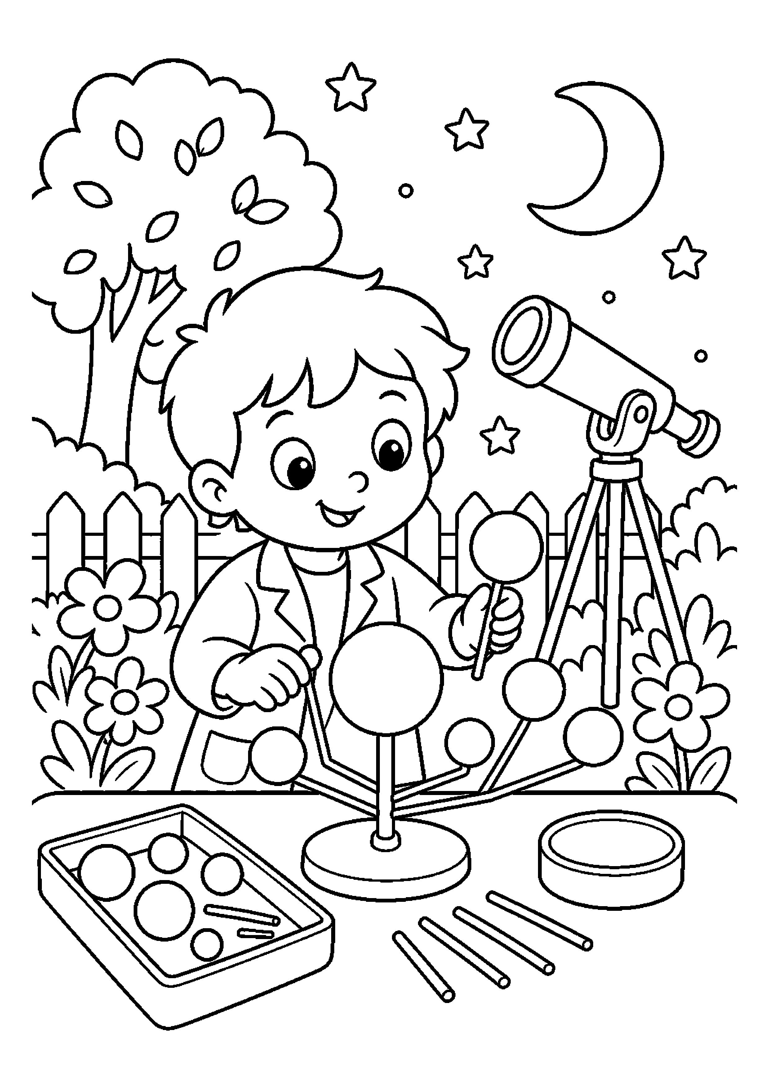 Mały astronom buduje model planet bez napisów w ogrodzie nocą w starannie uporządkowanej scenerii