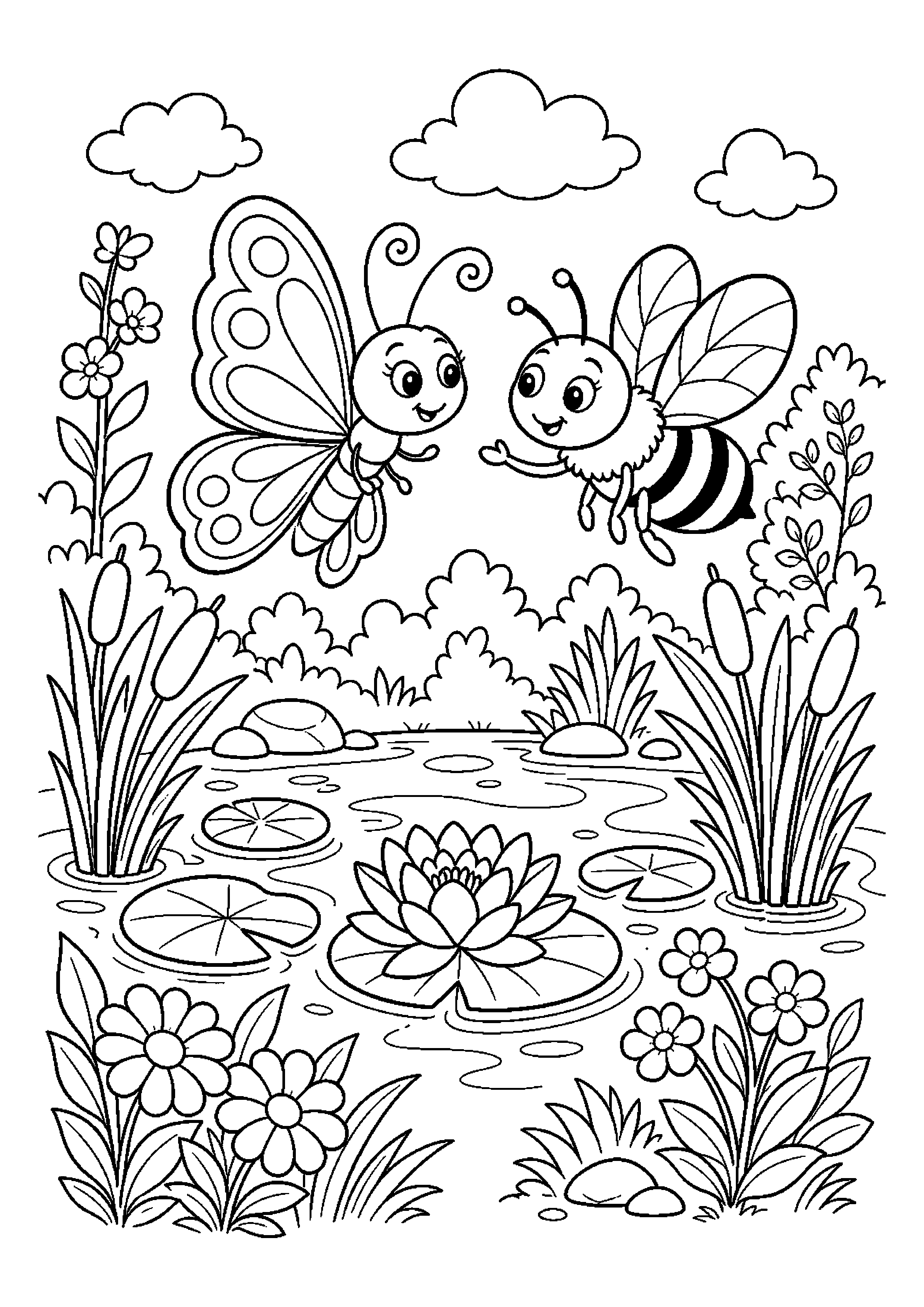 Motyl spotyka pszczołę nad stawem