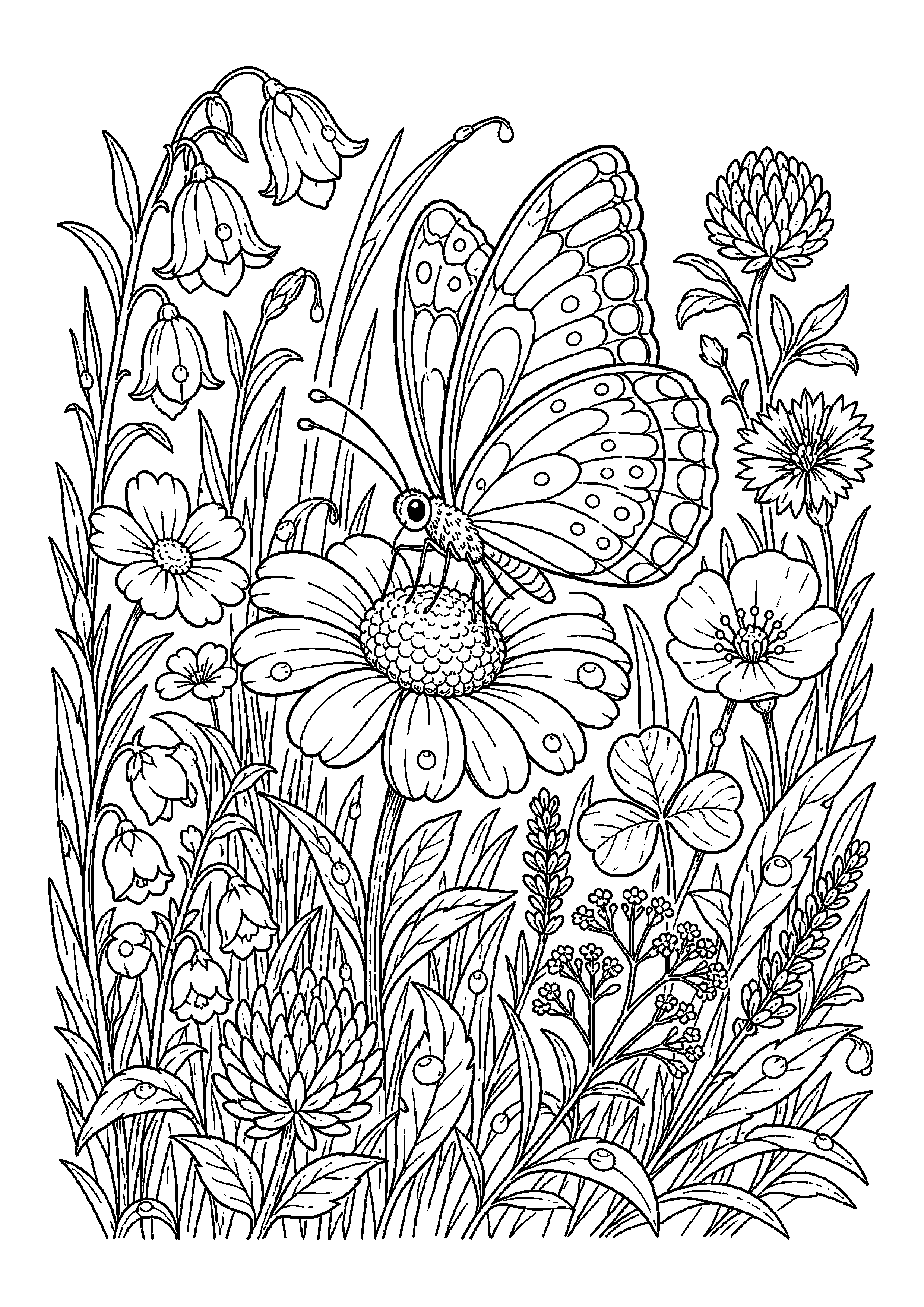 Motyl odwiedza kwiat wśród polnych kwiatów wśród kropli rosy