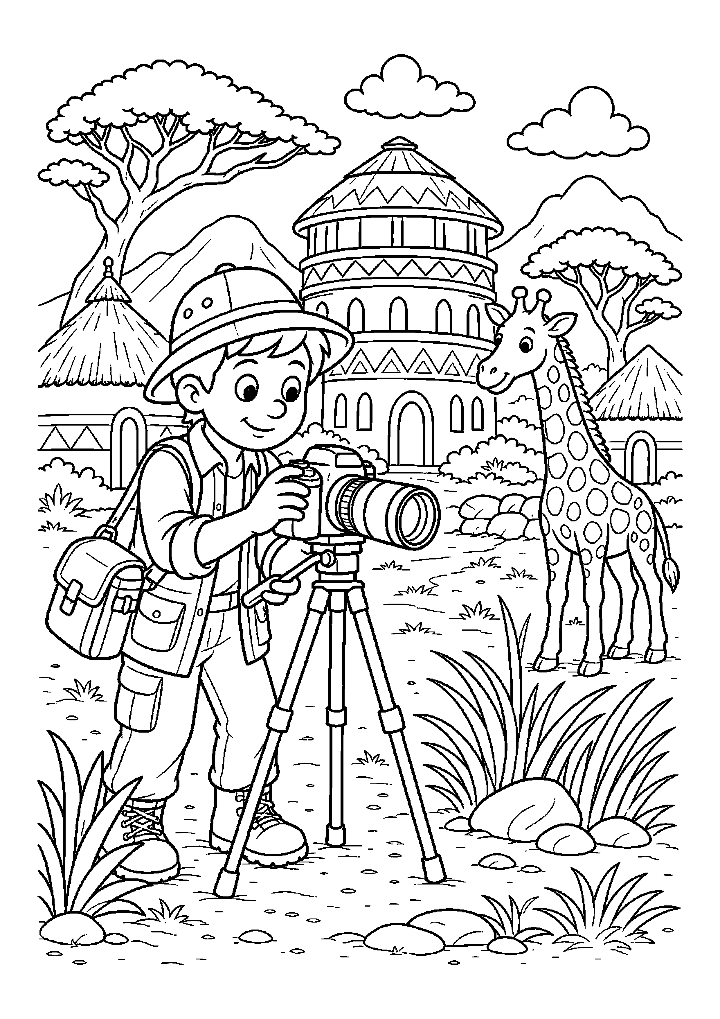 Fotograf ustawia aparat na safari w otoczeniu charakterystycznej architektury