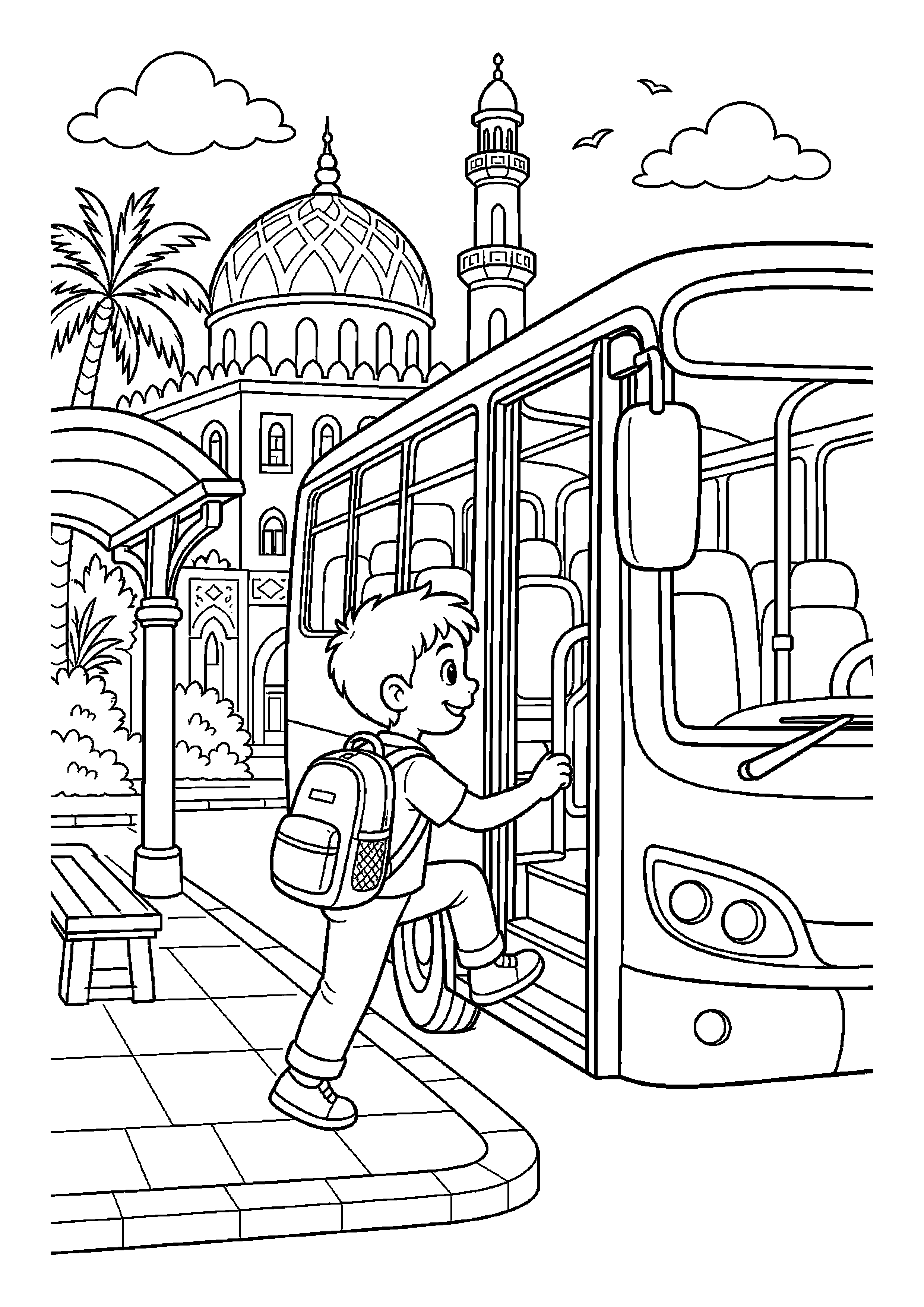 Dziecko z plecakiem wsiada do autobusu przy peronie w otoczeniu charakterystycznej architektury