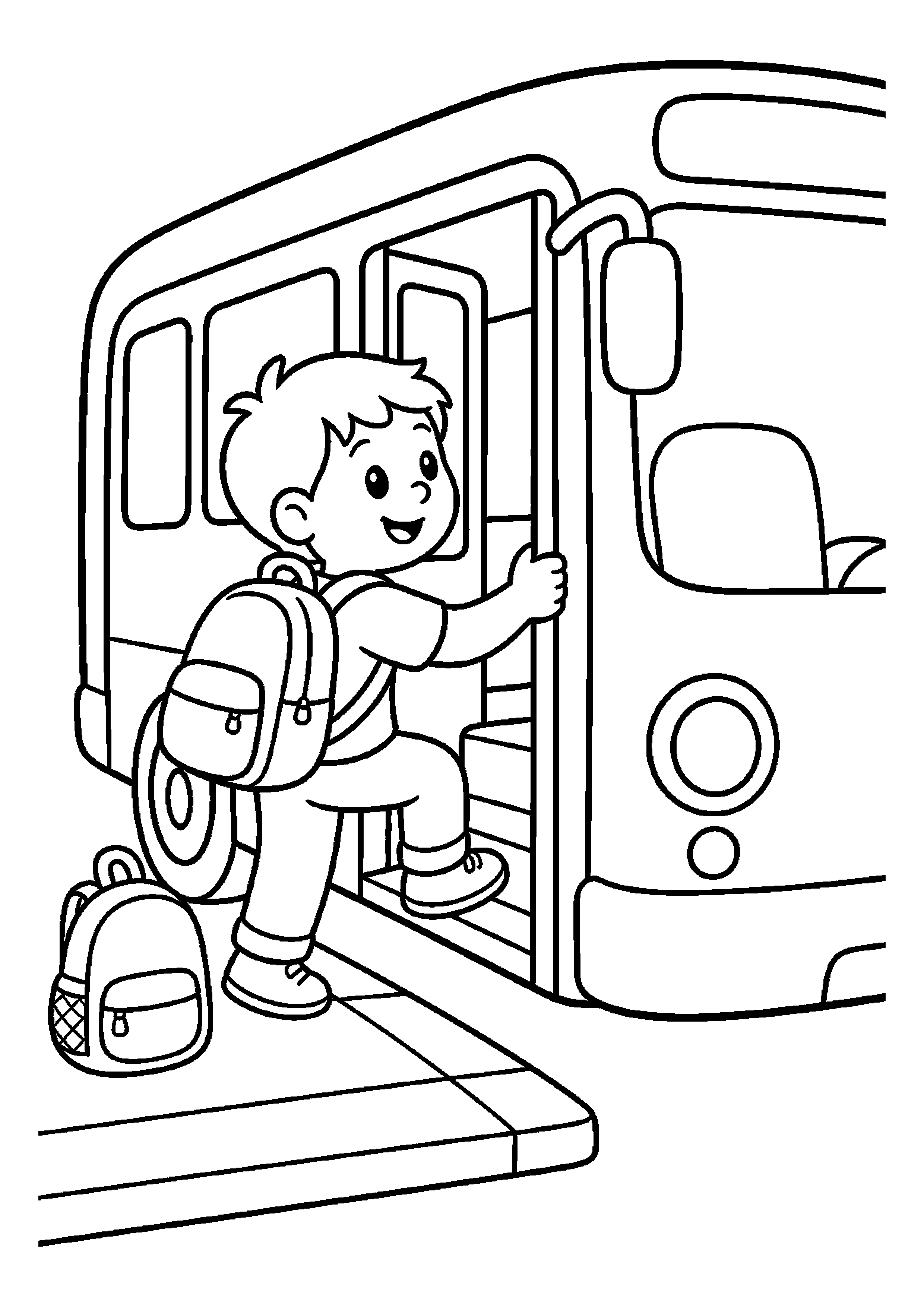 Dziecko z plecakiem wsiada do autobusu przy peronie z niewielkim plecakiem obok