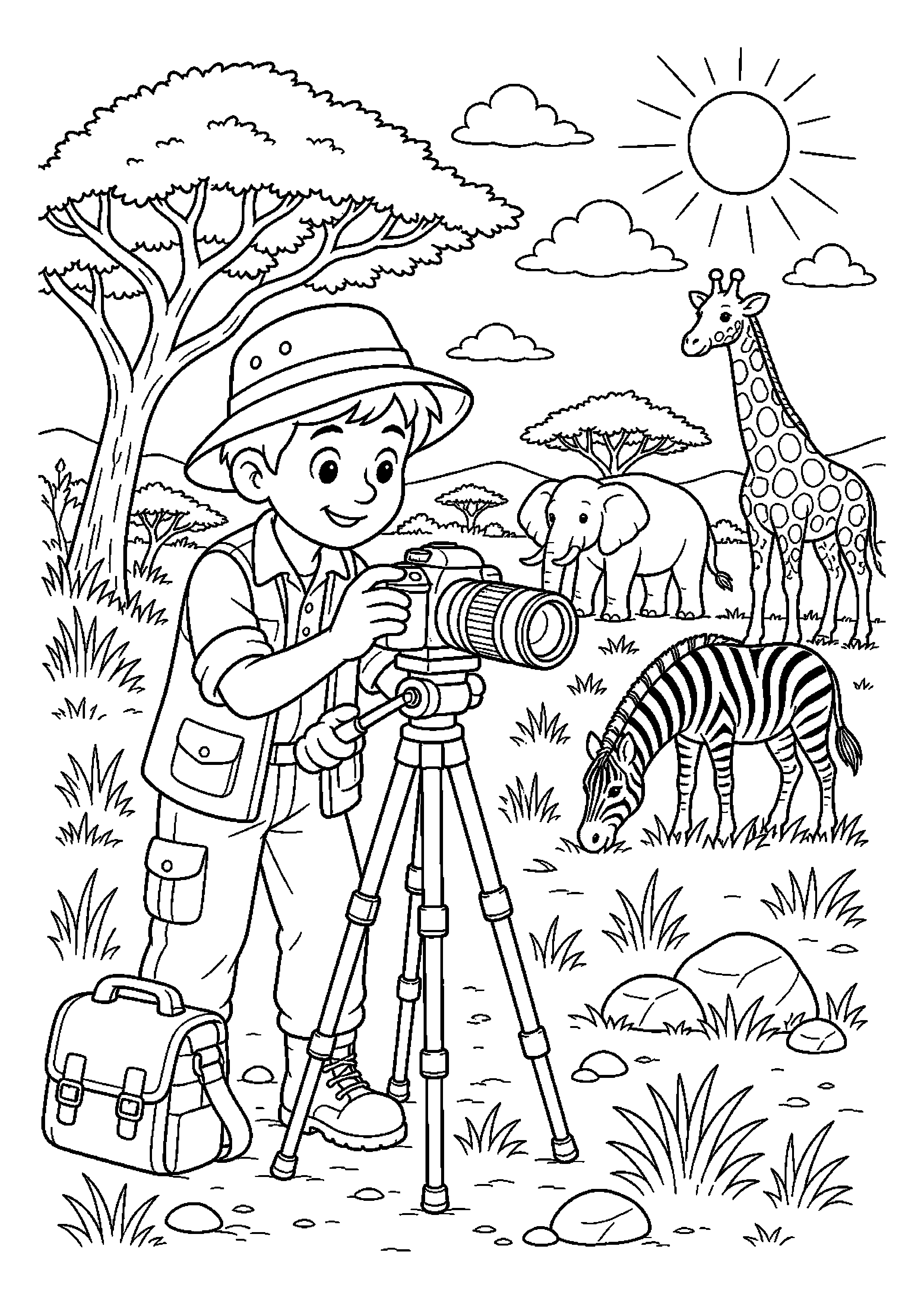Fotograf ustawia aparat na safari w pogodny dzień