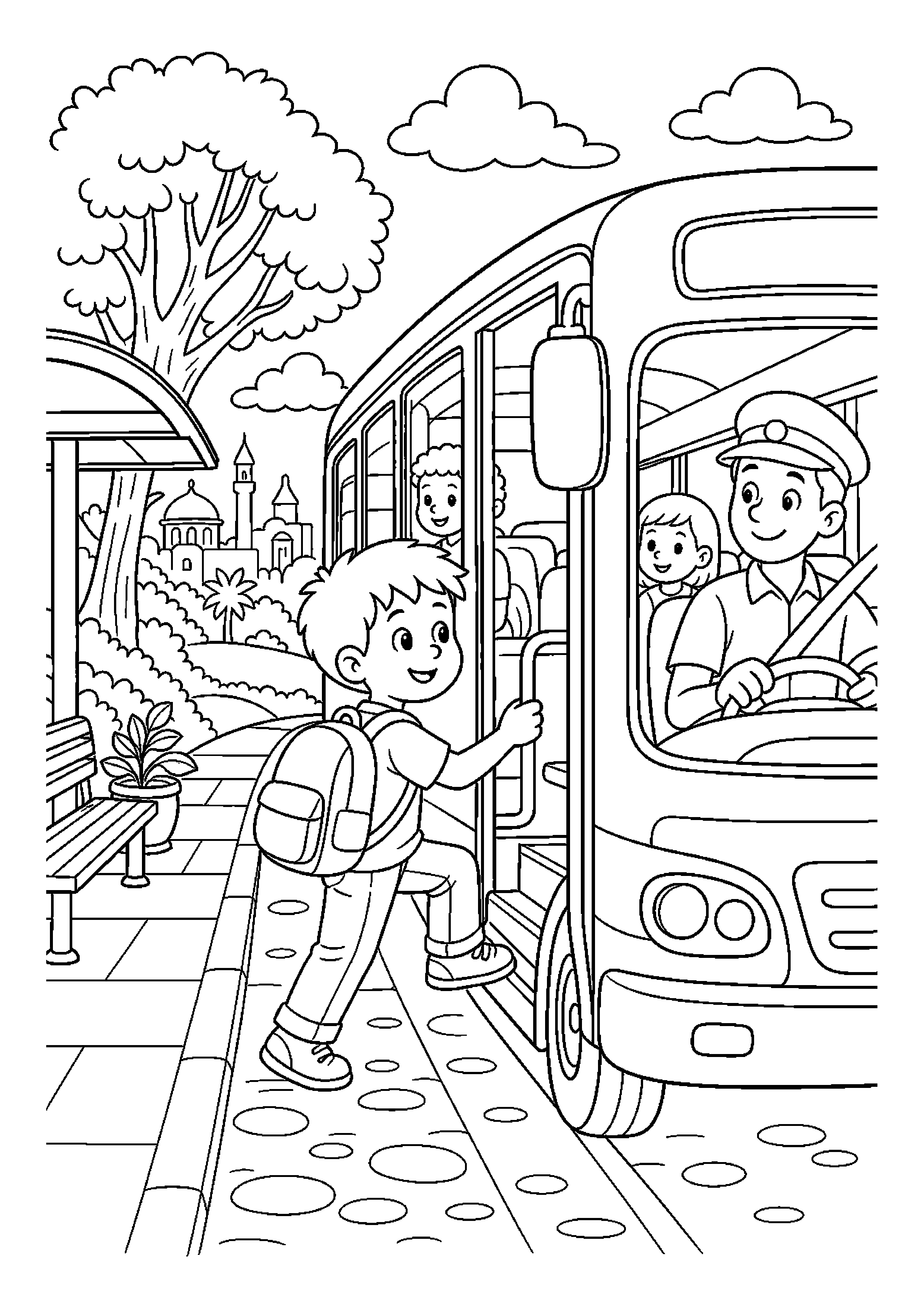 Dziecko z plecakiem wsiada do autobusu przy peronie w pogodny dzień