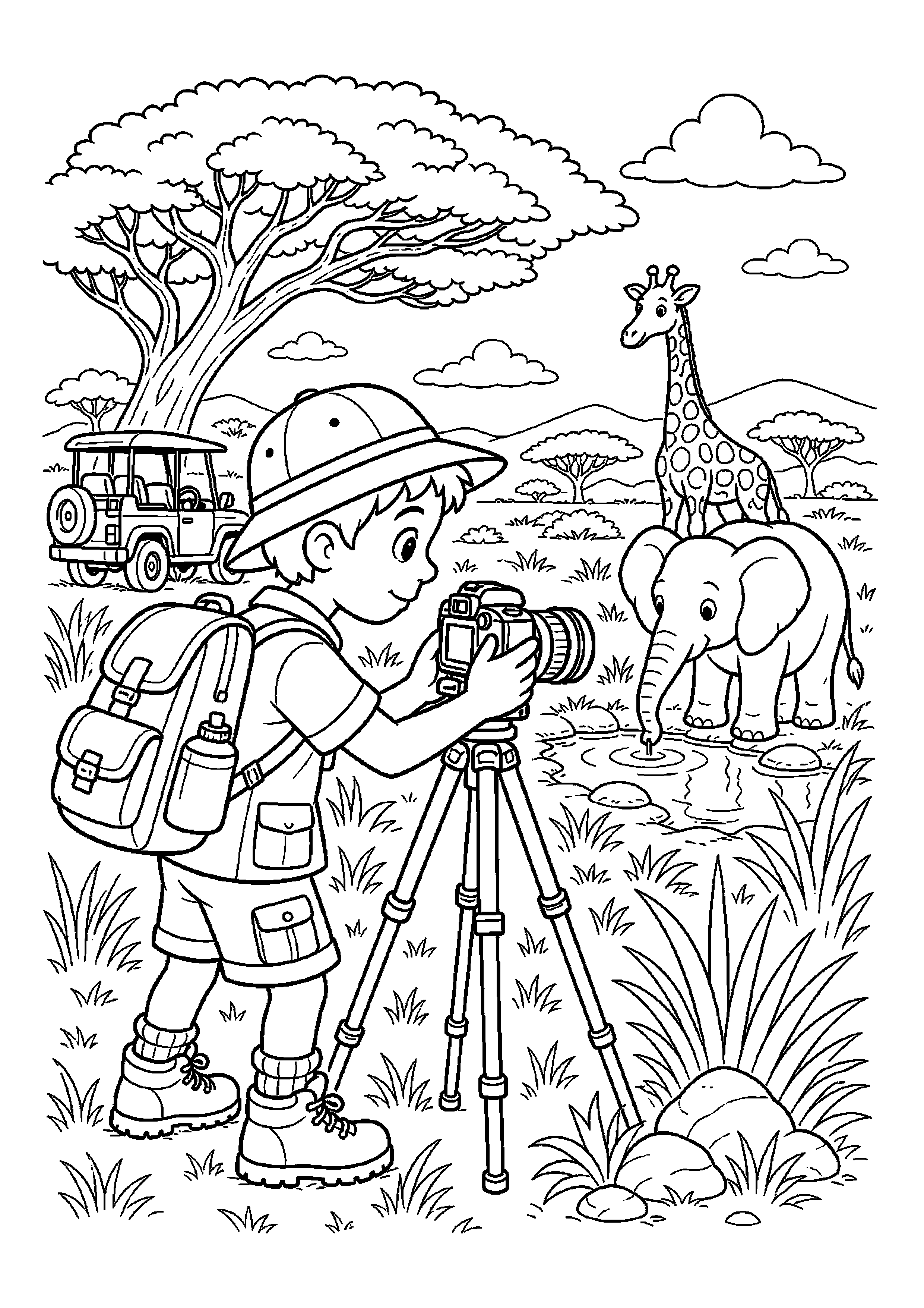 Fotograf ustawia aparat na safari
