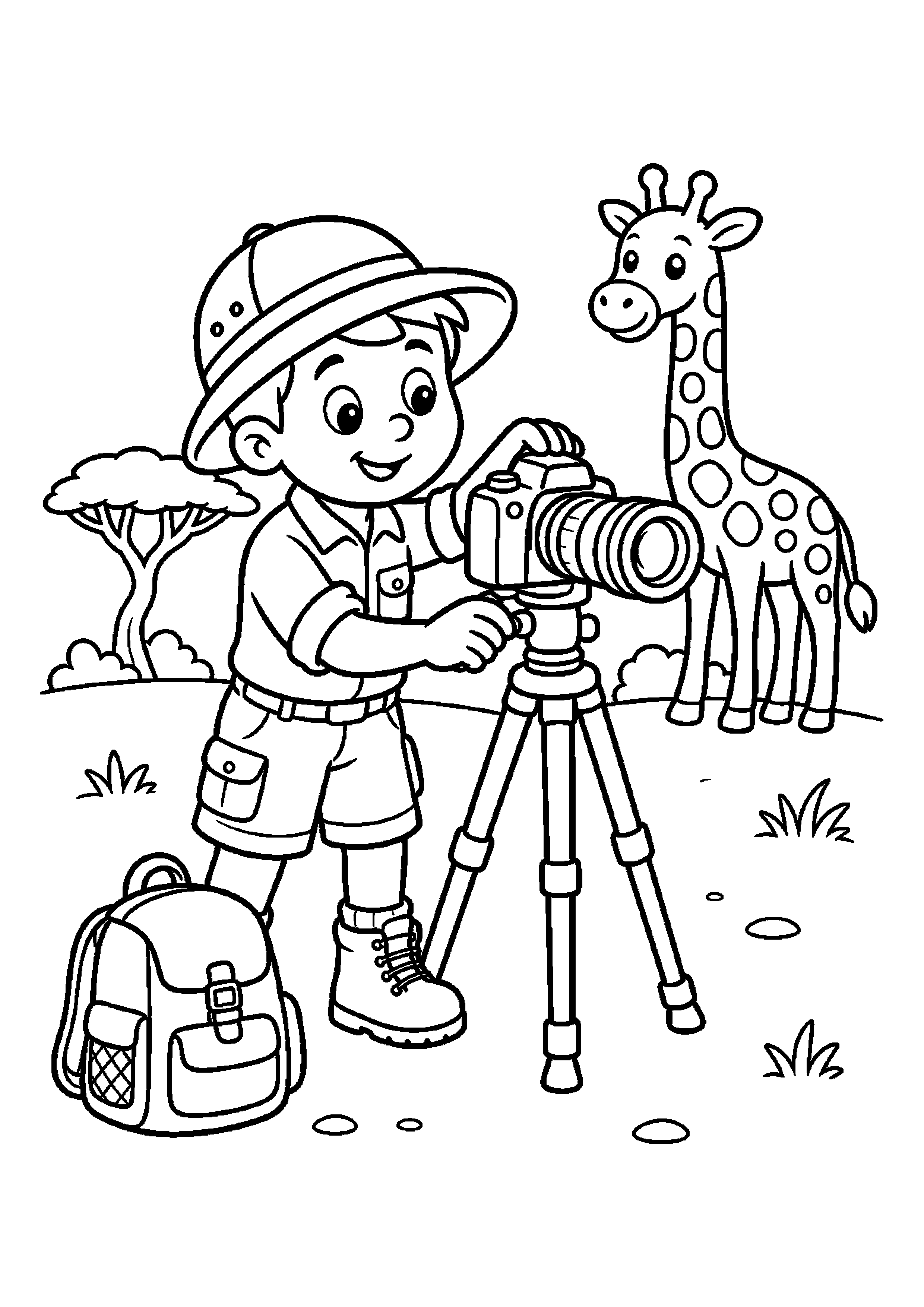 Fotograf ustawia aparat na safari z niewielkim plecakiem obok