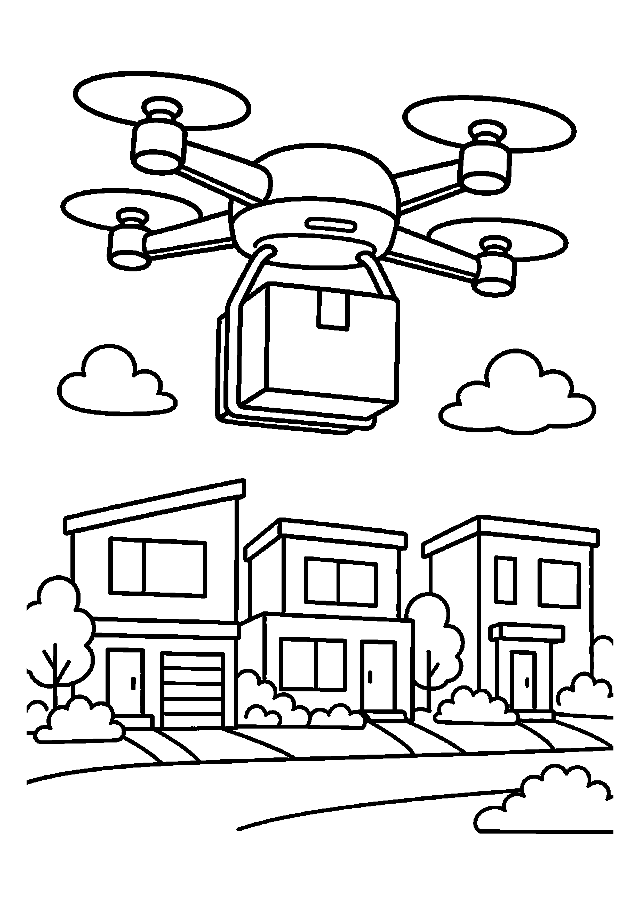 Dron dostawczy przelatuje nad krajobrazem