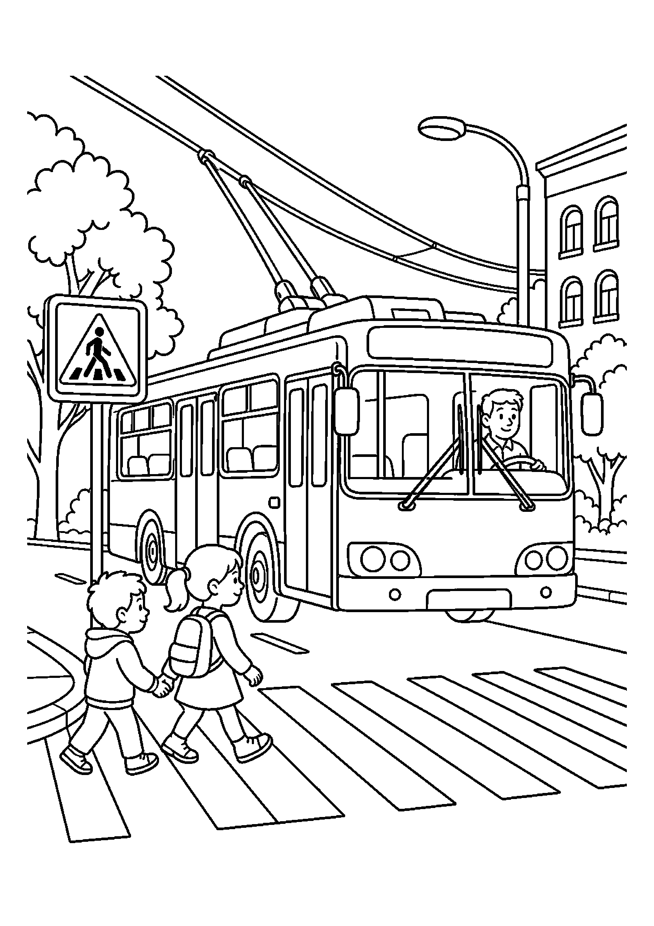 Trolejbus mija bezpieczne przejście dla pieszych