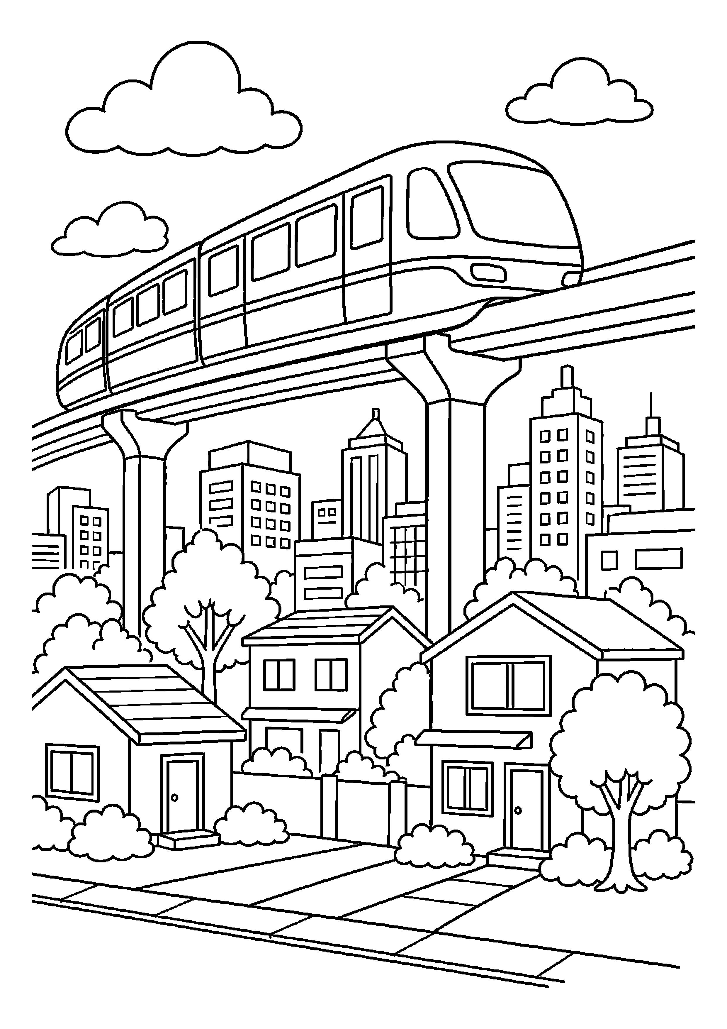 Monorail jedzie przez spokojną dzielnicę