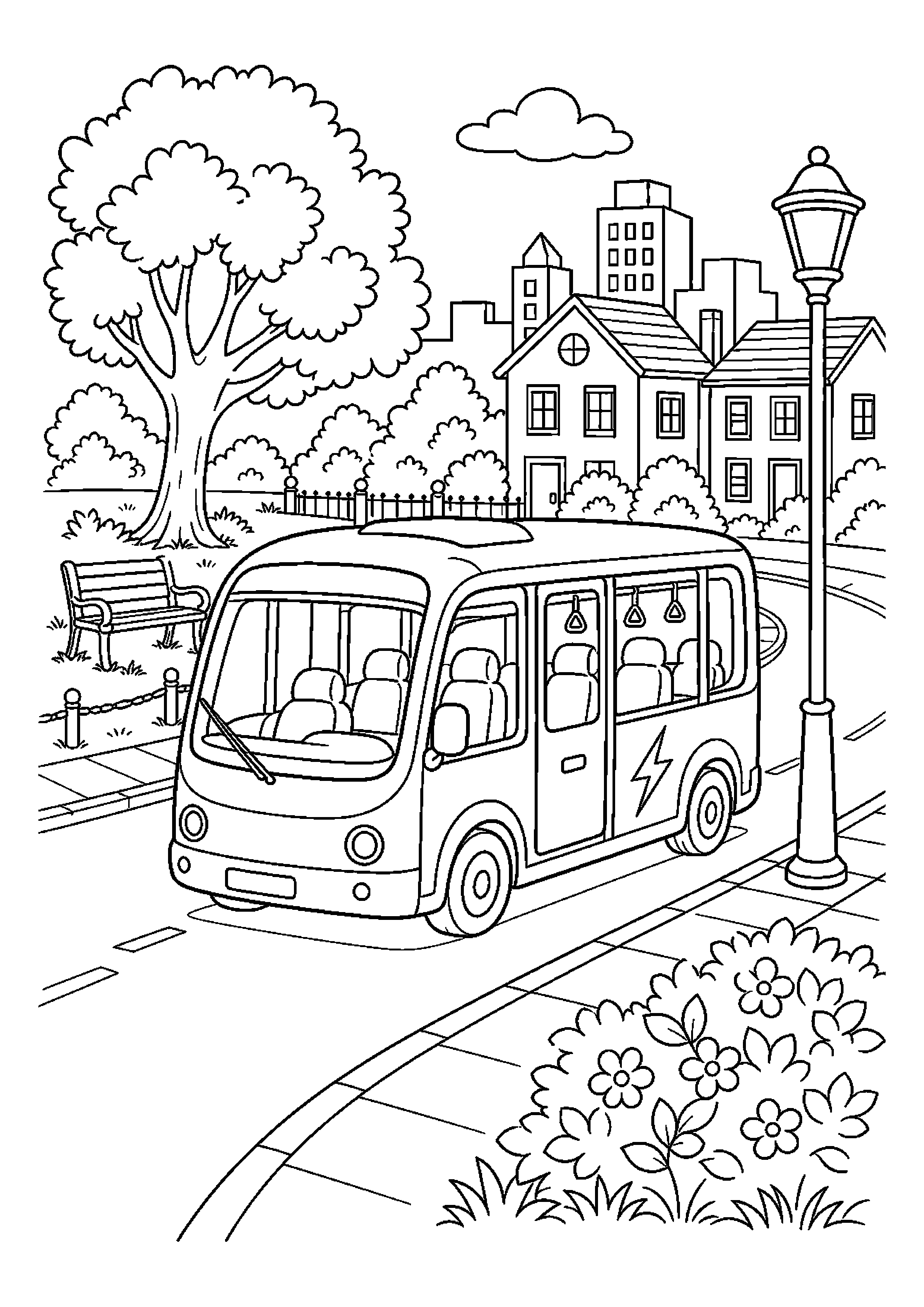 Elektryczny minibus jedzie przez spokojną dzielnicę