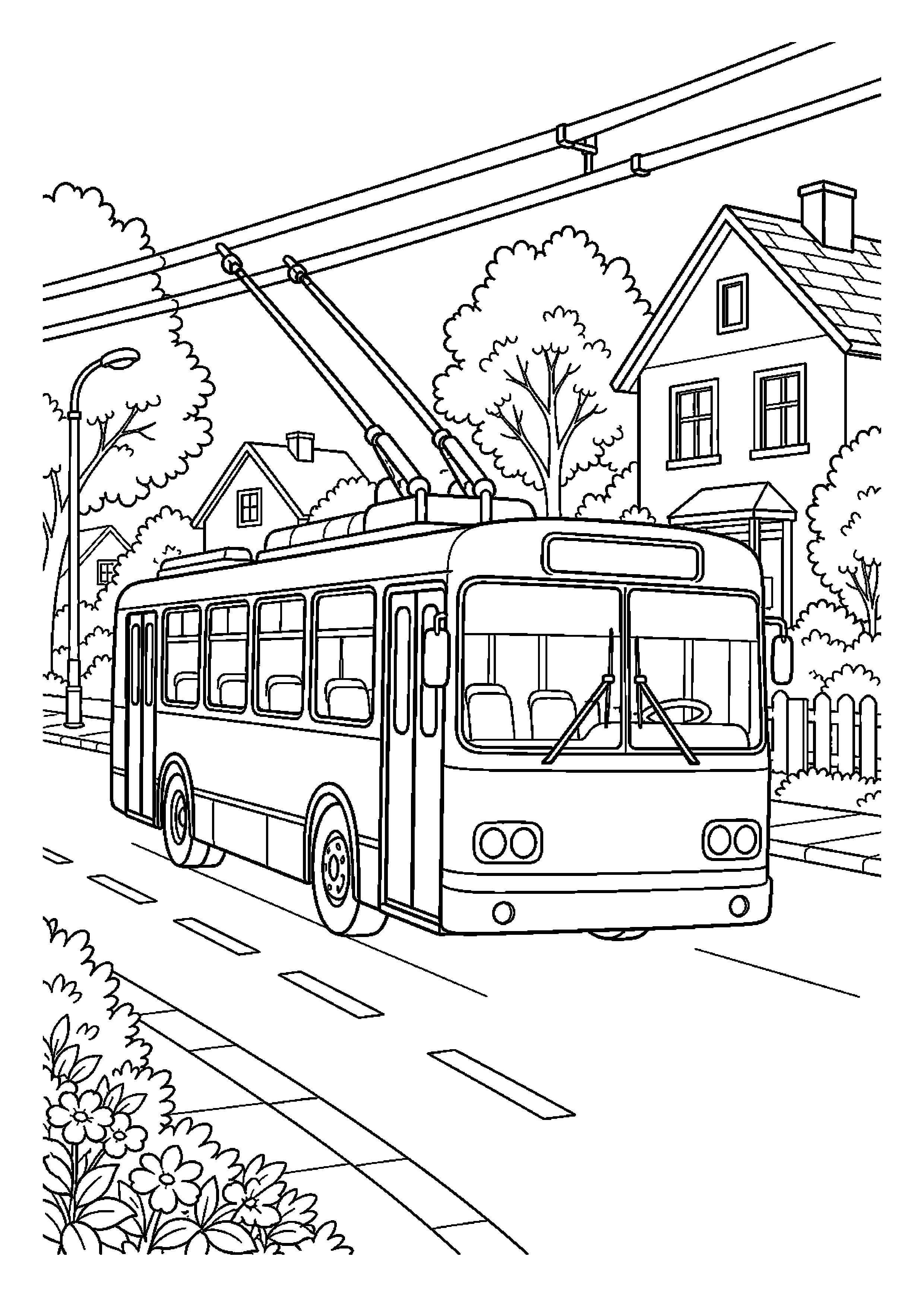 Trolejbus jedzie przez spokojną dzielnicę