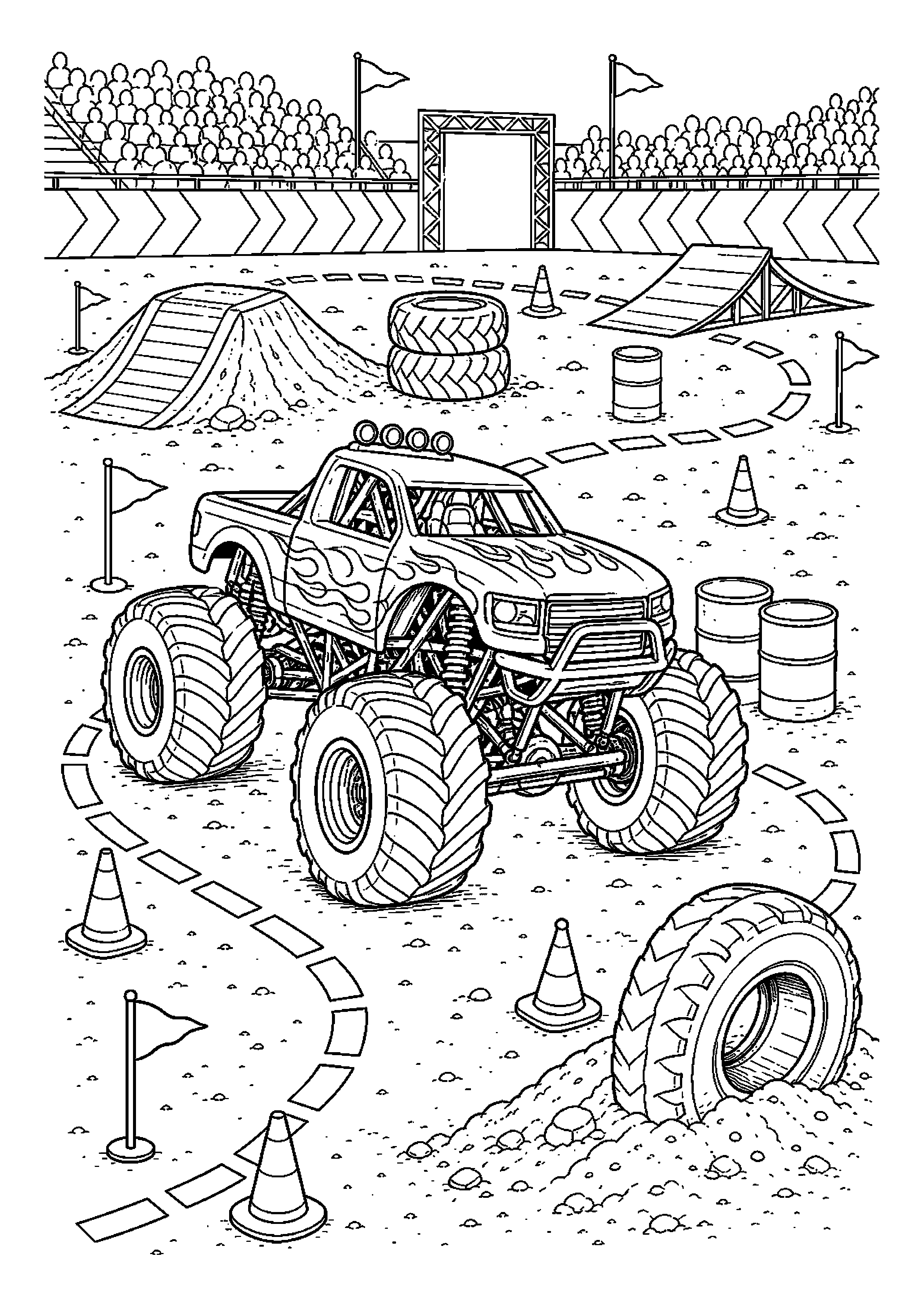 Monster truck pokonuje oznaczoną trasę