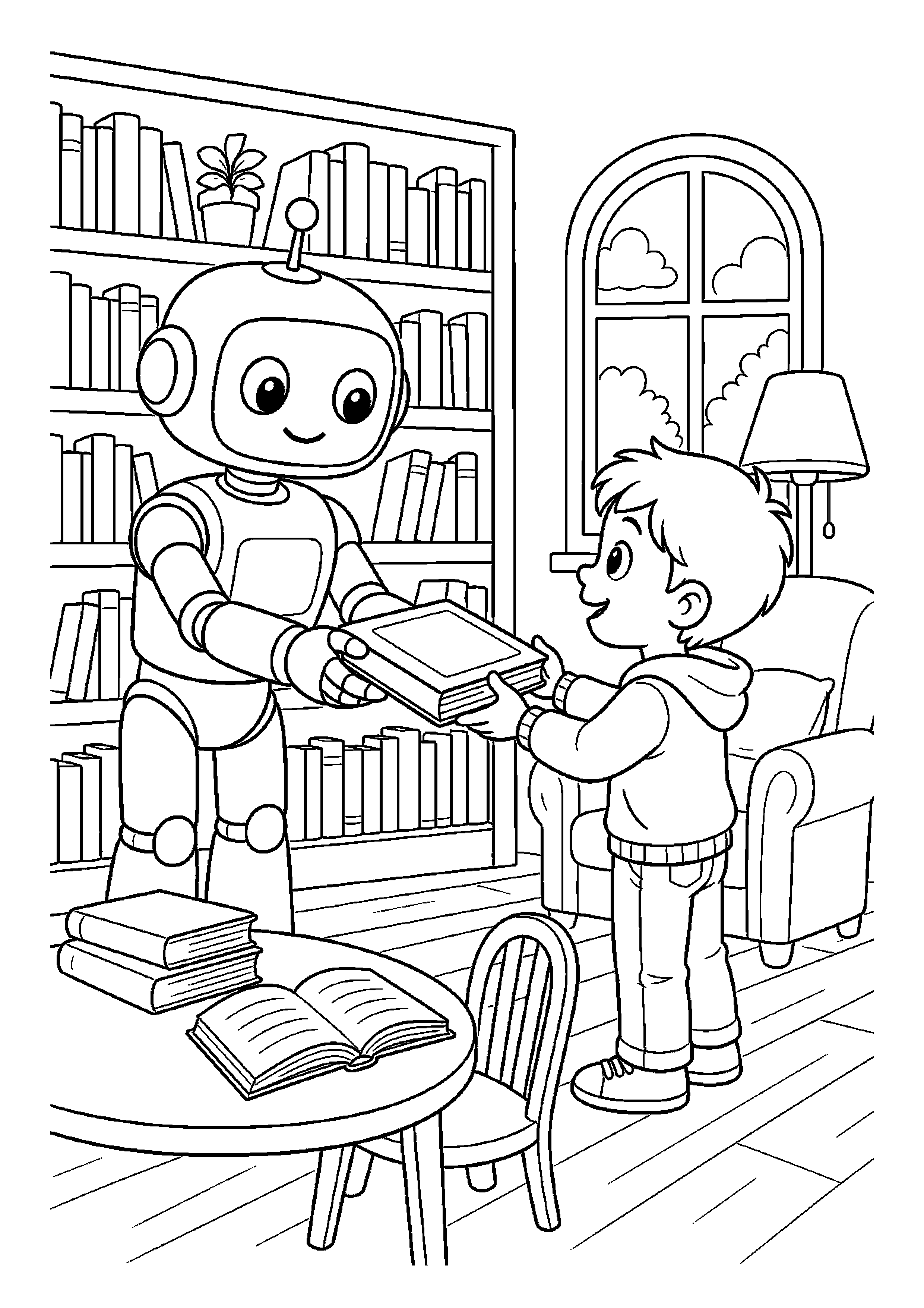 Robot bibliotekarz podaje książkę dziecku w czytelni
