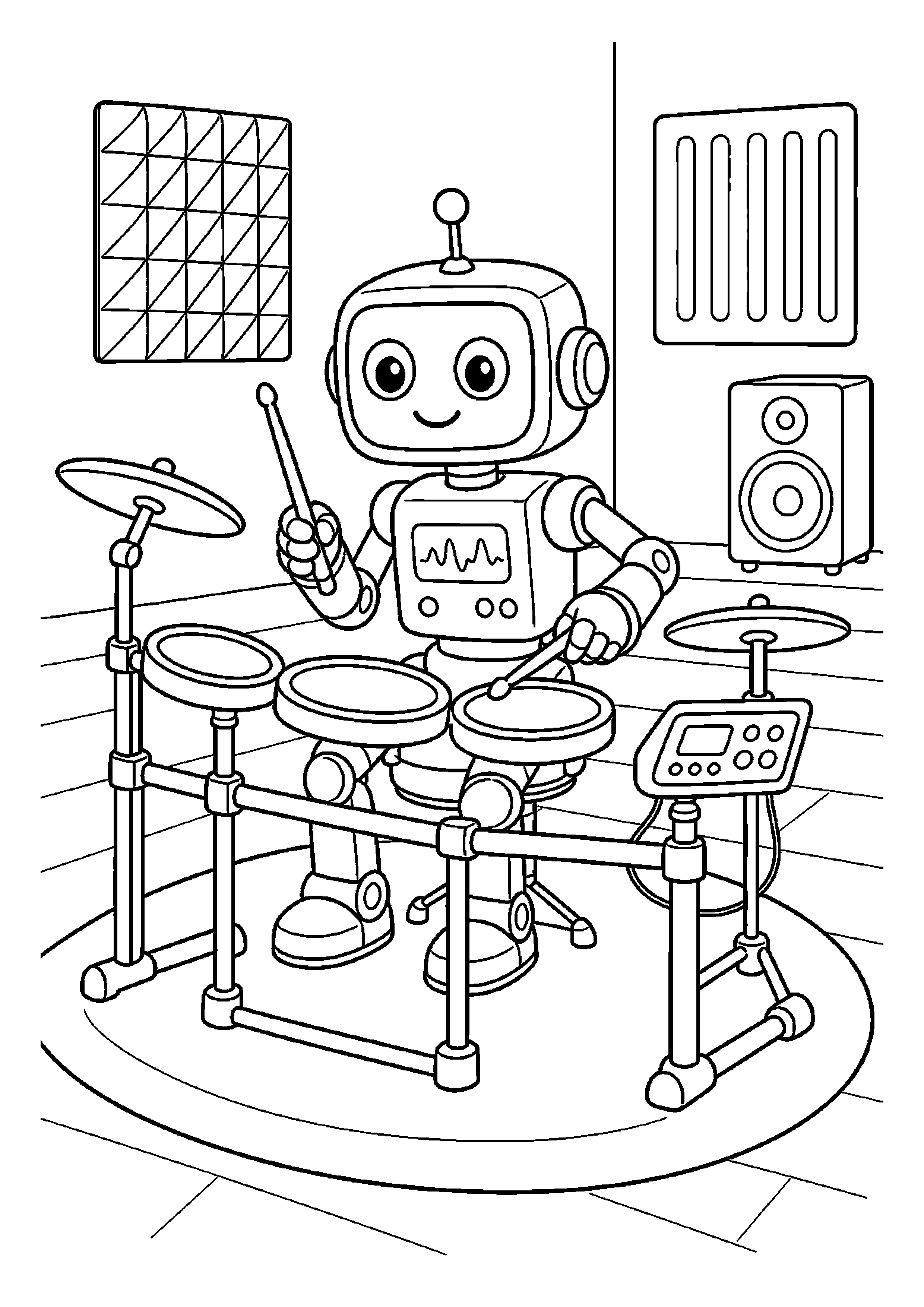 Robot muzyk gra na elektronicznym bębnie w sali prób