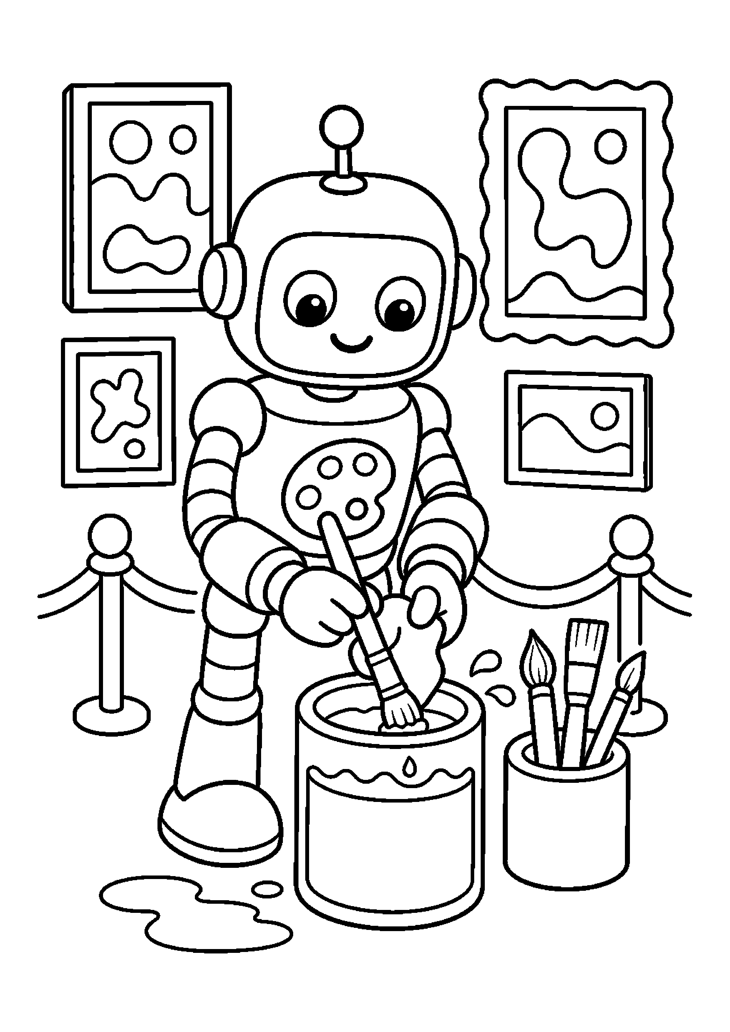 Robot malarz czyści pędzle w galerii