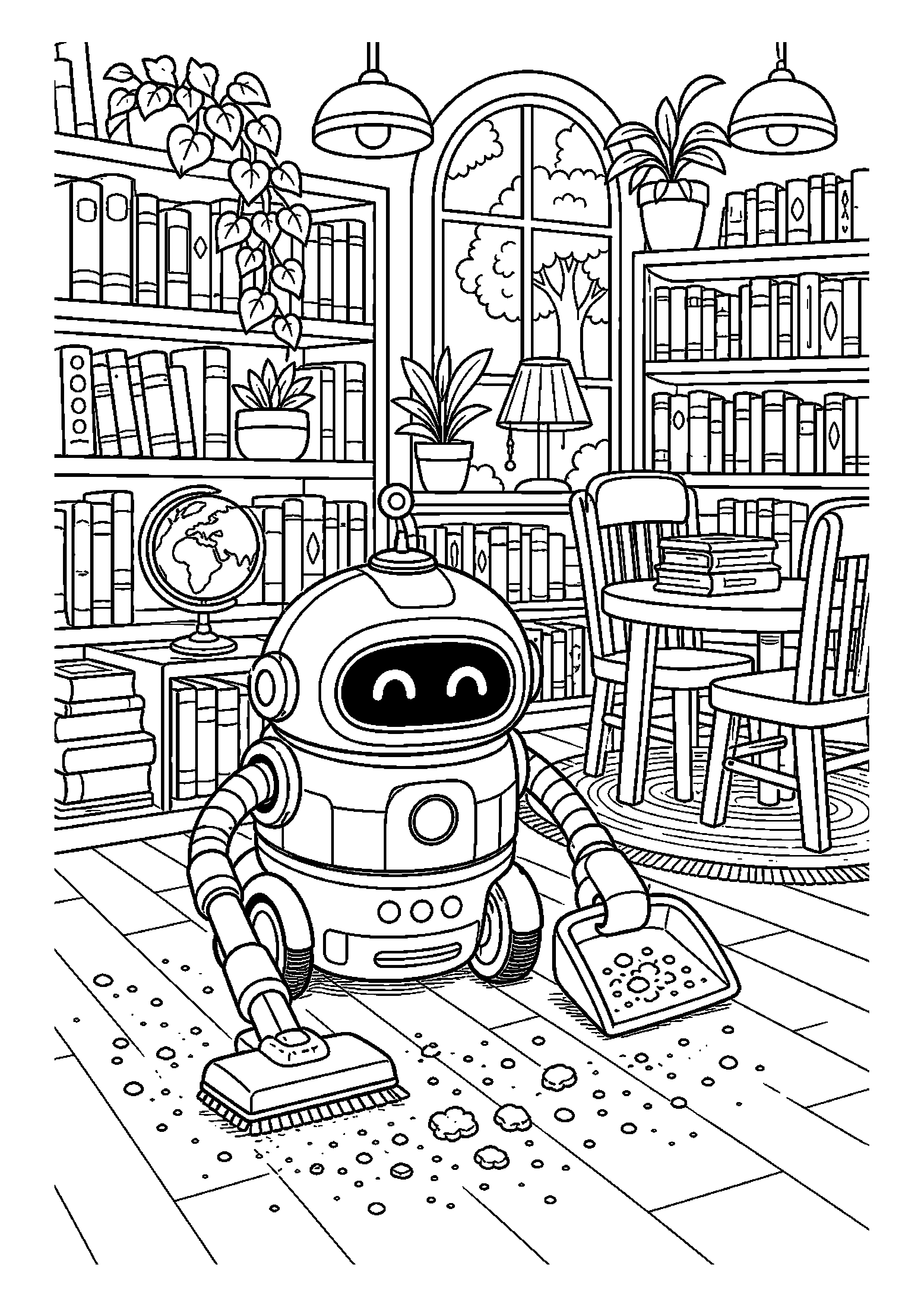 Robot sprzątający zbiera okruszki w bibliotece