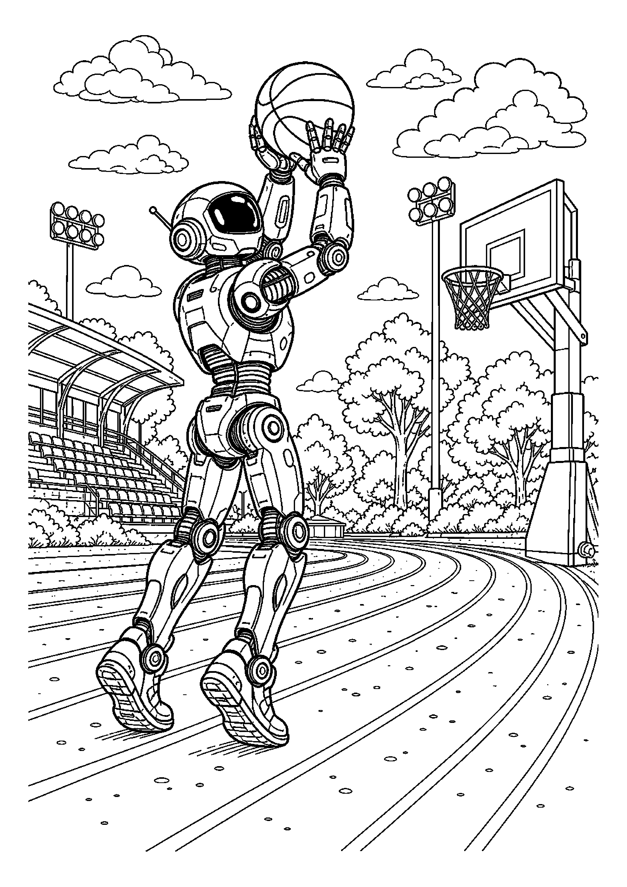 Robot sportowiec rzuca do kosza na bieżni