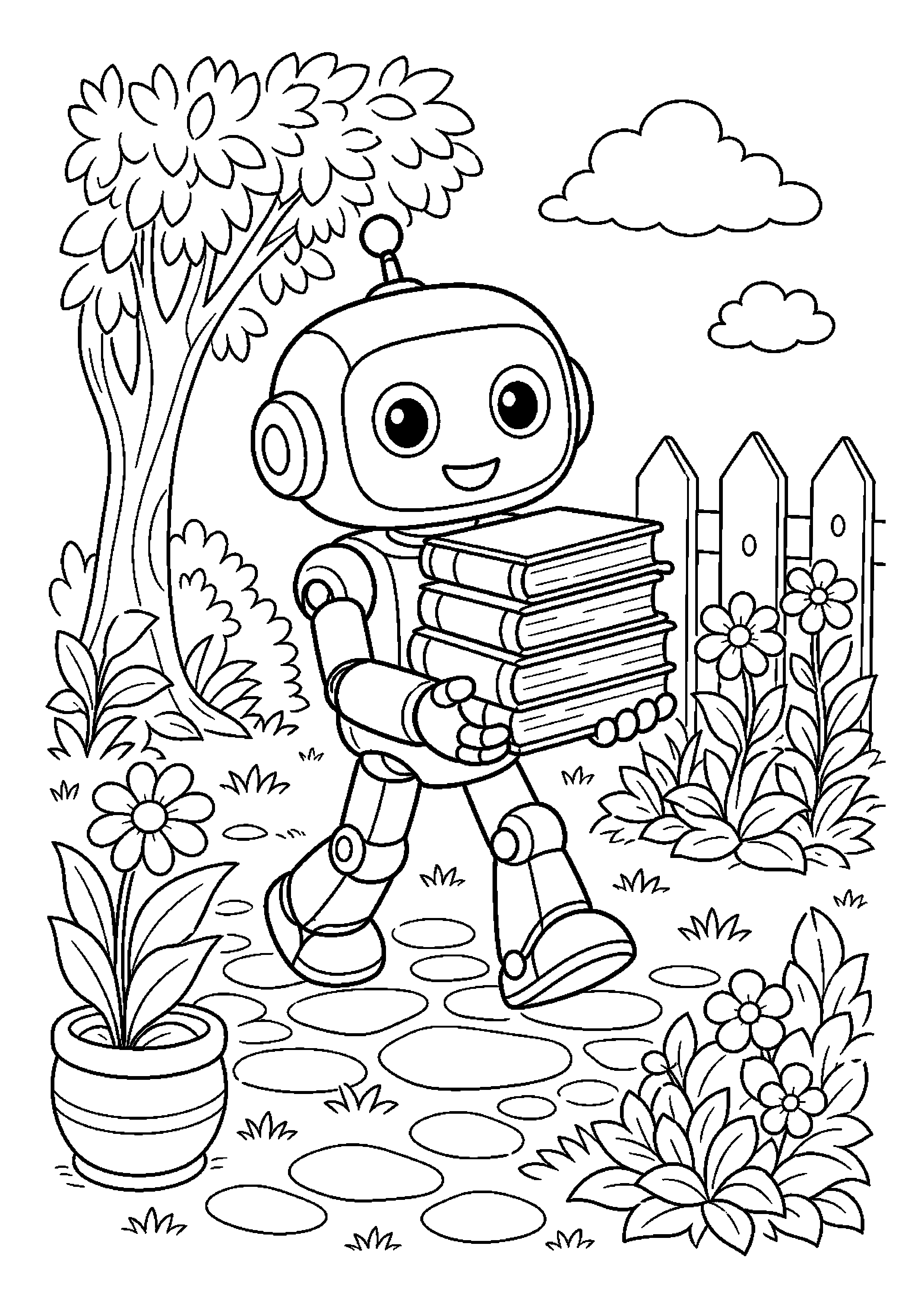 Mały robot pomocnik niesie książki w ogrodzie