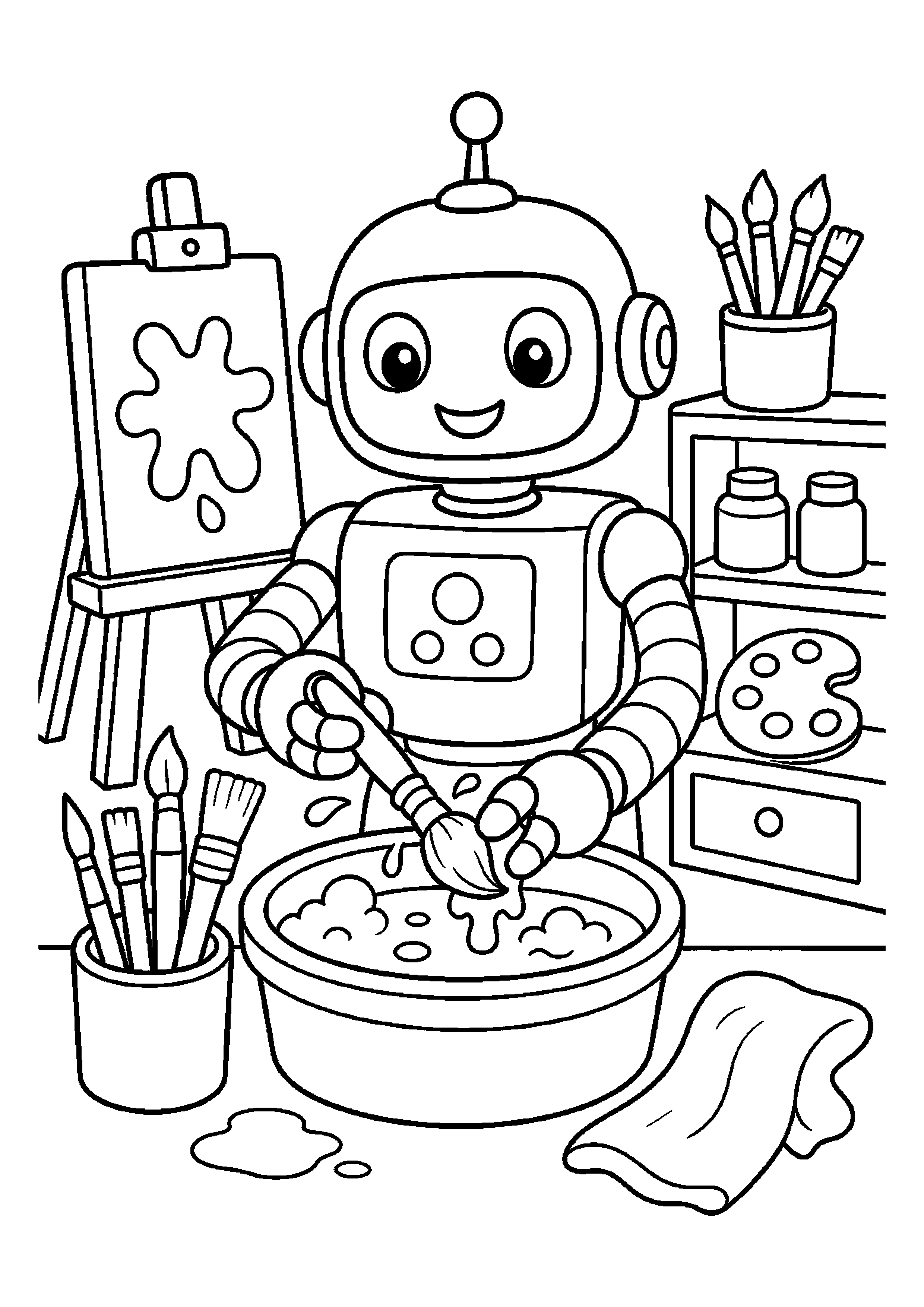 Robot malarz czyści pędzle w pracowni