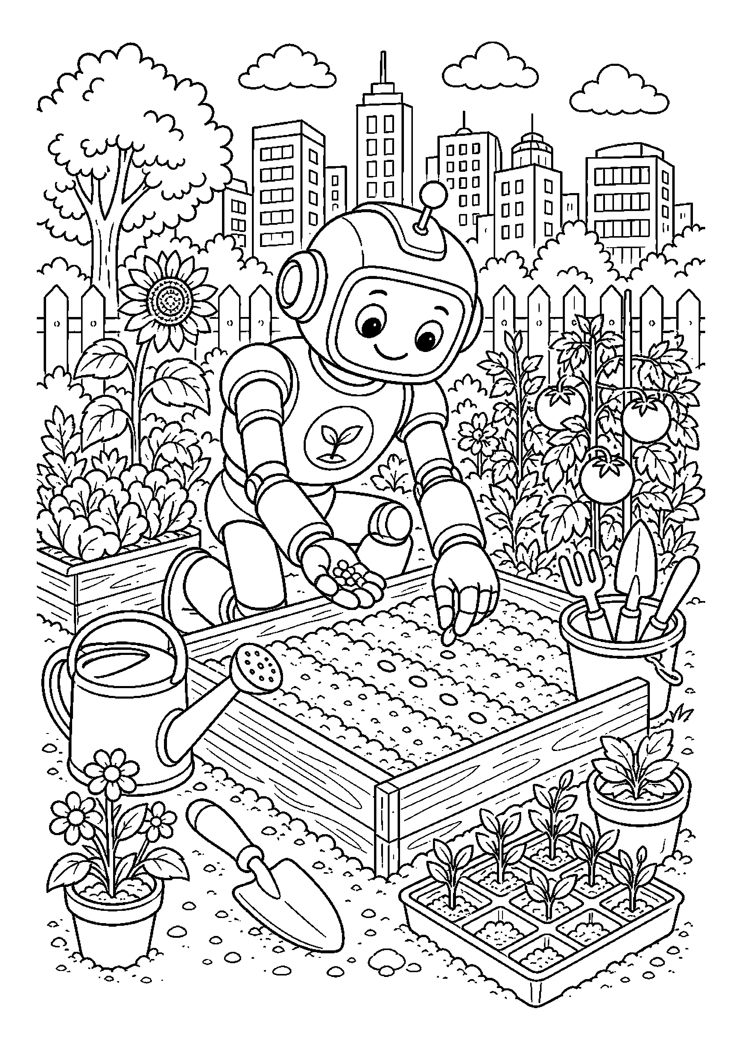 Robot ogrodnik sadzi nasiona w miejskim ogrodzie