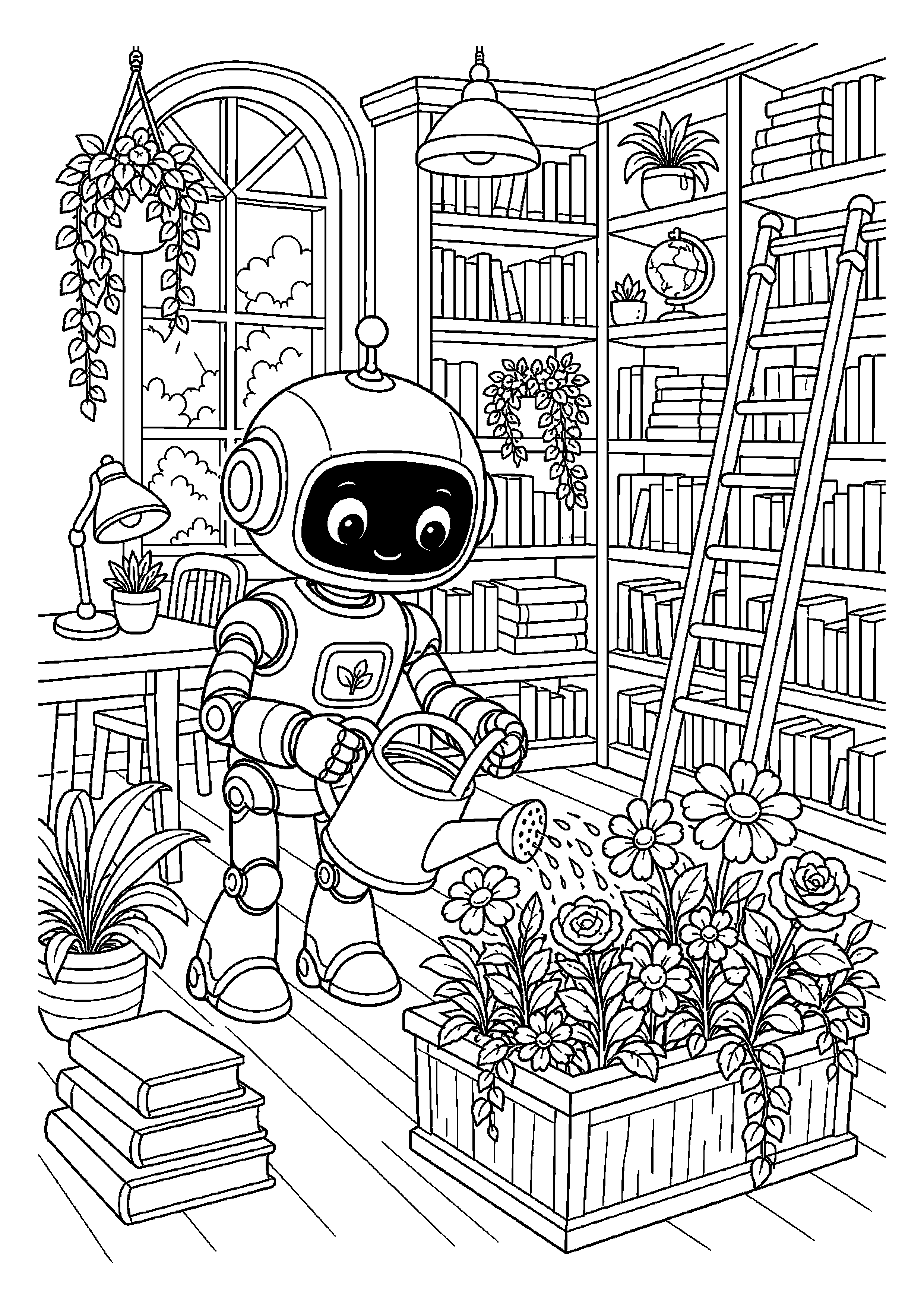 Mały robot pomocnik podlewa kwiaty w bibliotece