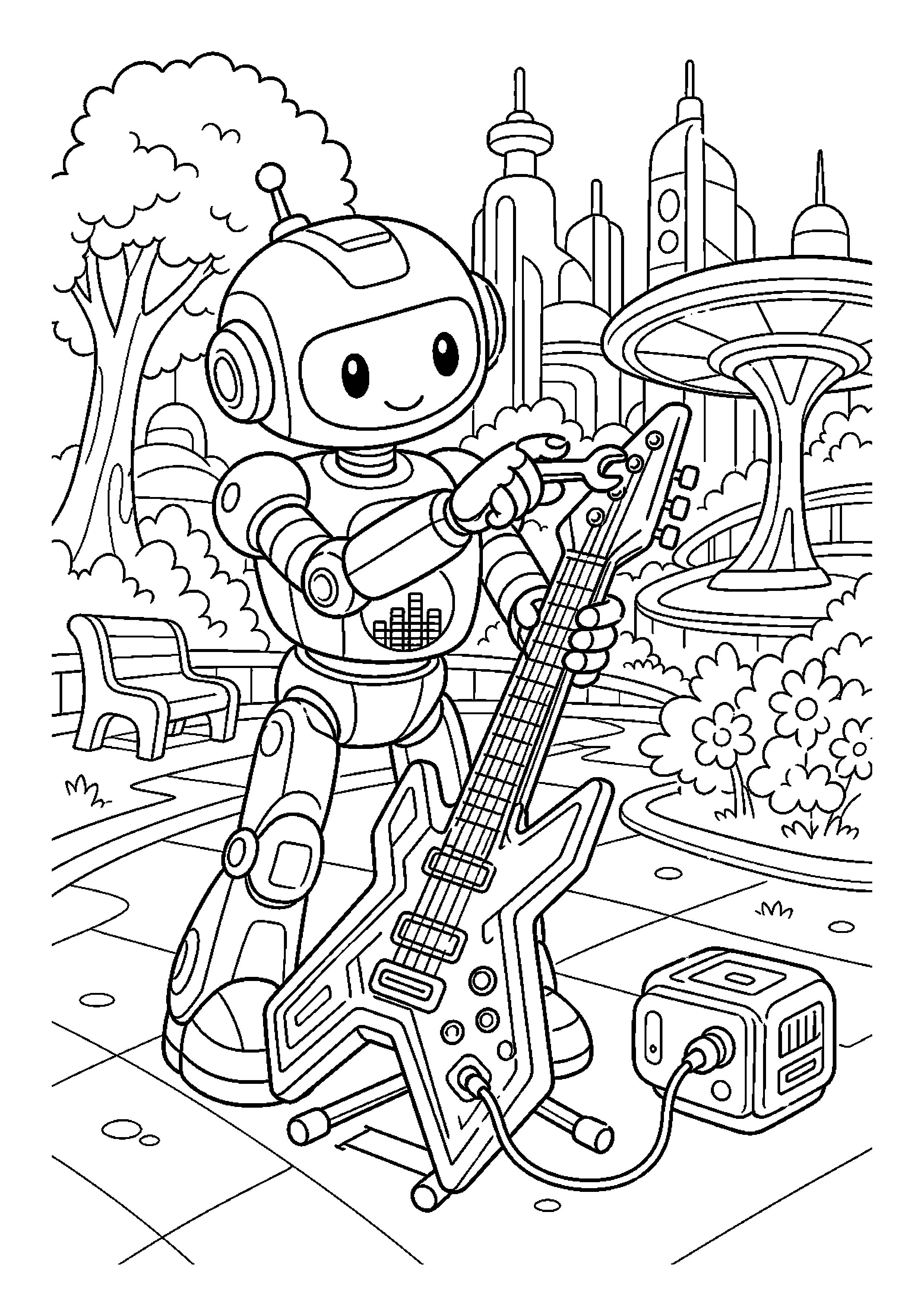 Robot muzyk stroi futurystyczną gitarę w parku technologicznym