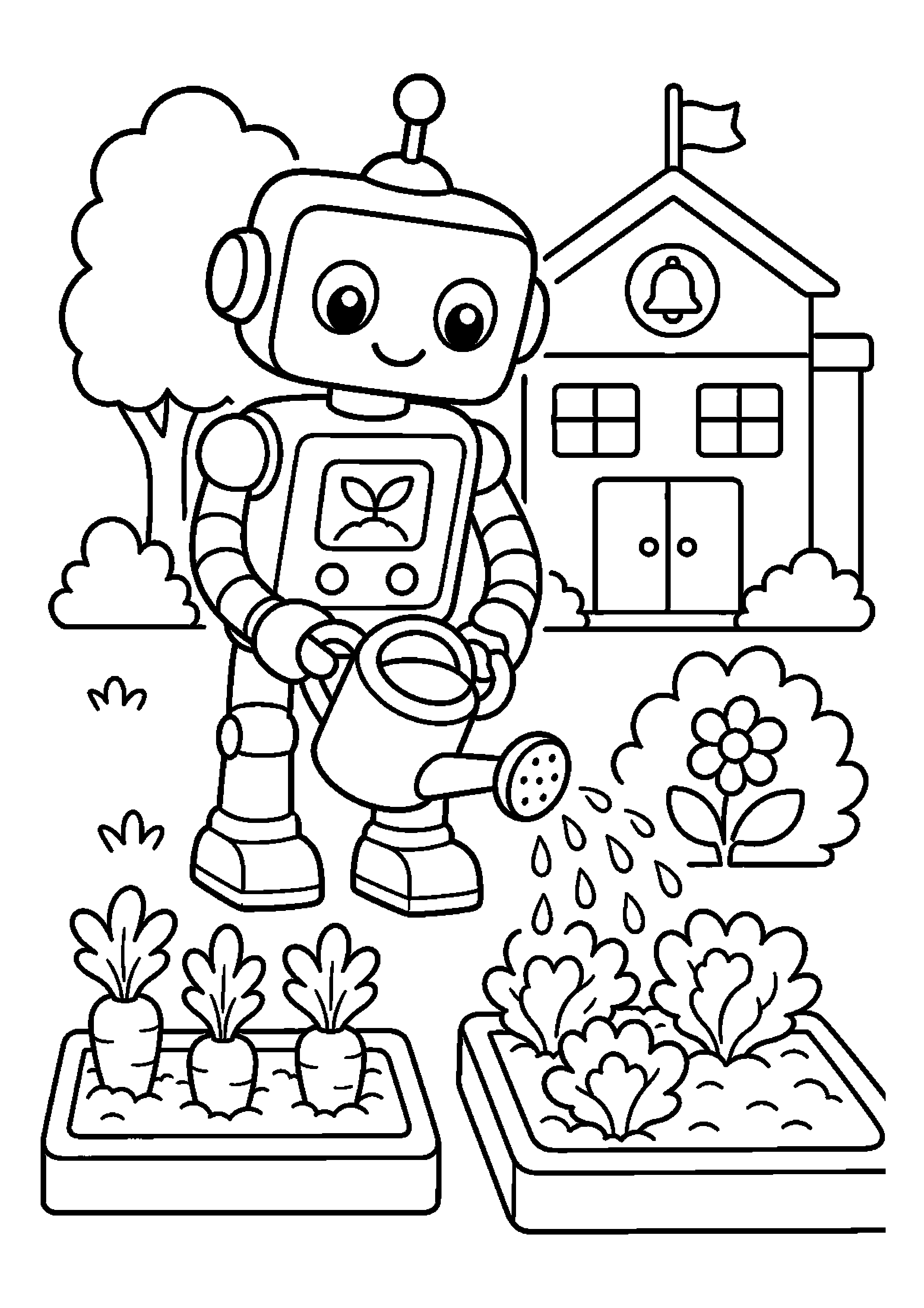 Robot ogrodnik podlewa grządki przy szkolnej grządce