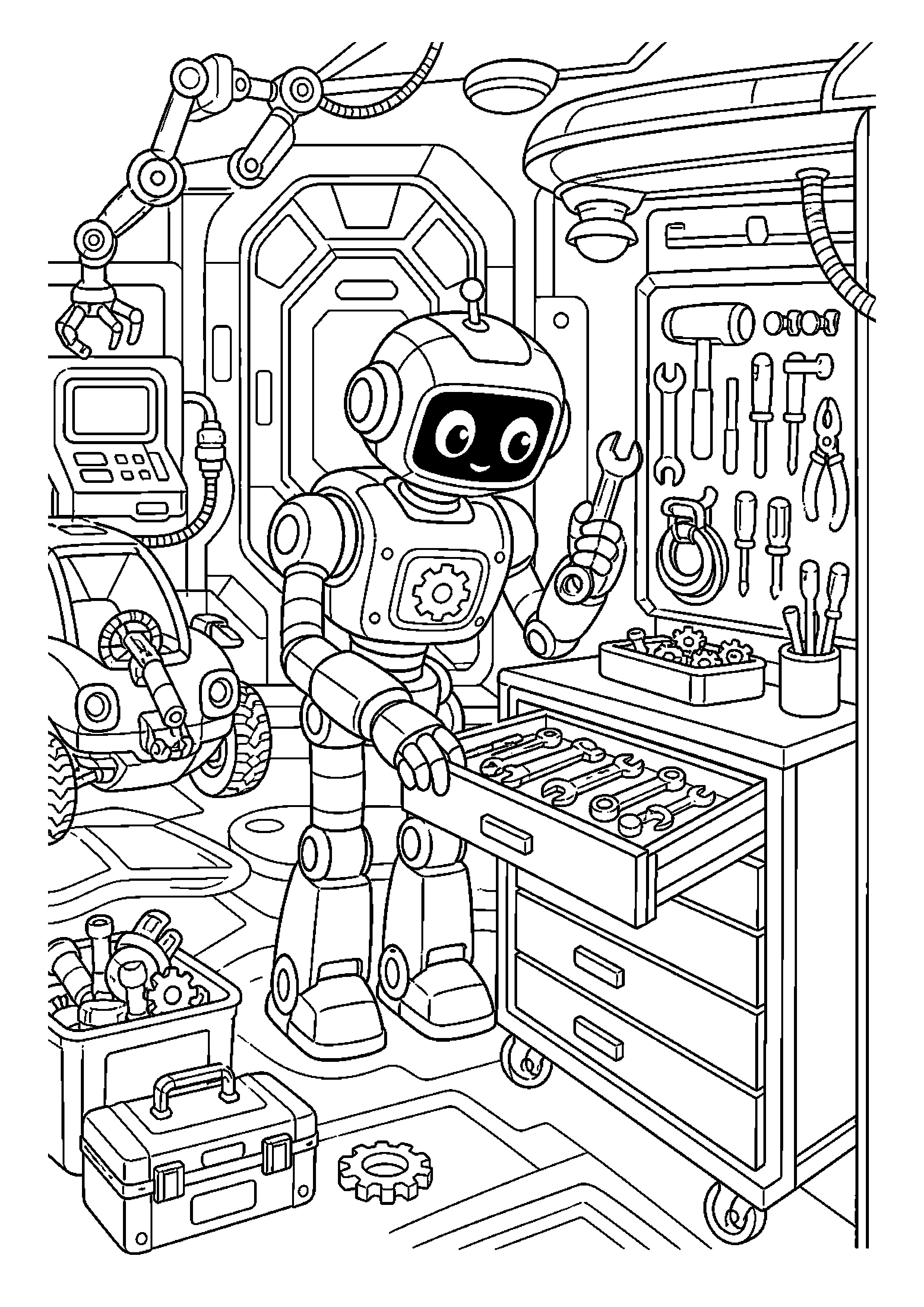 Robot naprawczy porządkuje narzędzia na stacji serwisowej