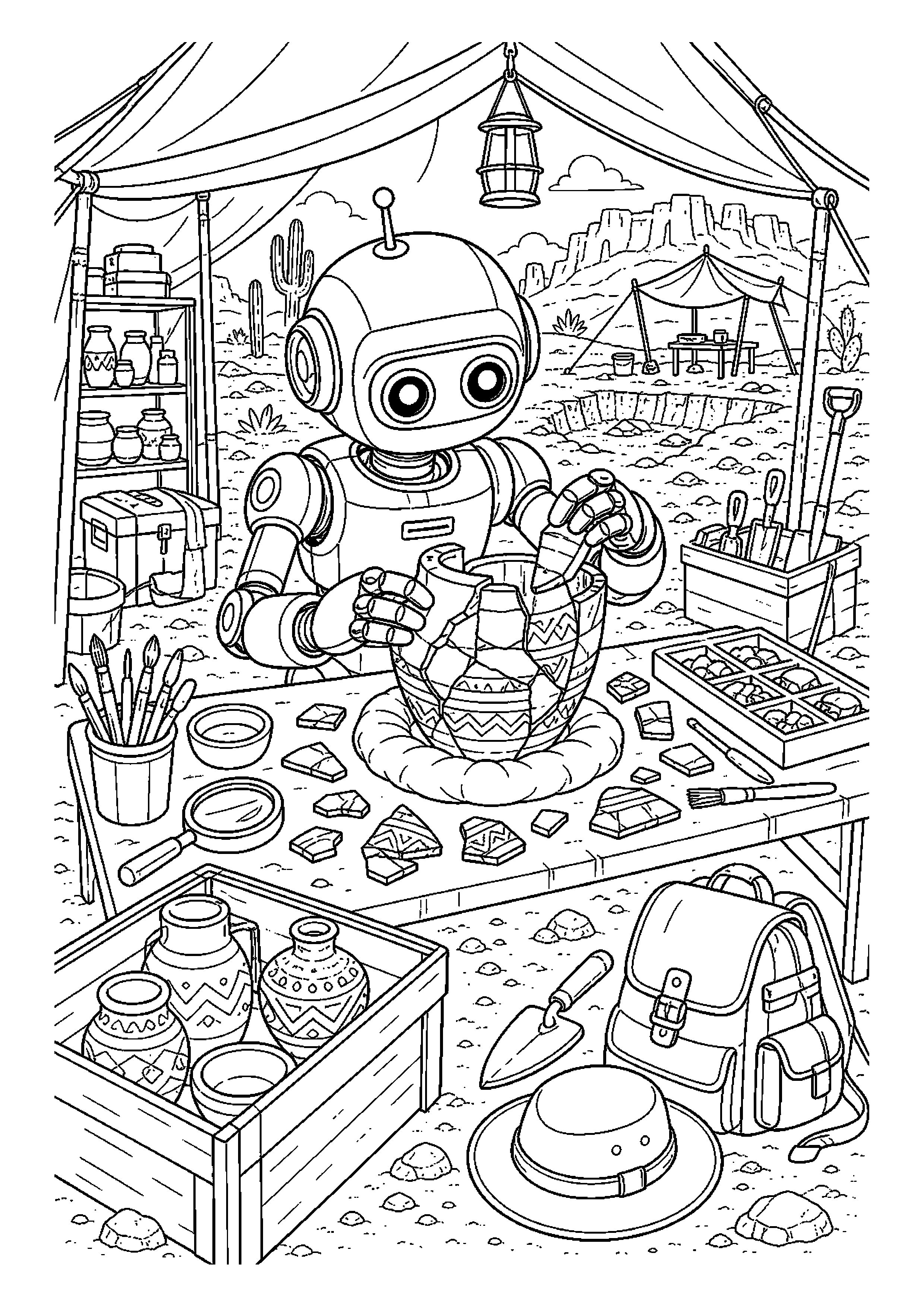 Robot archeolog składa fragmenty naczynia pod namiotem badawczym