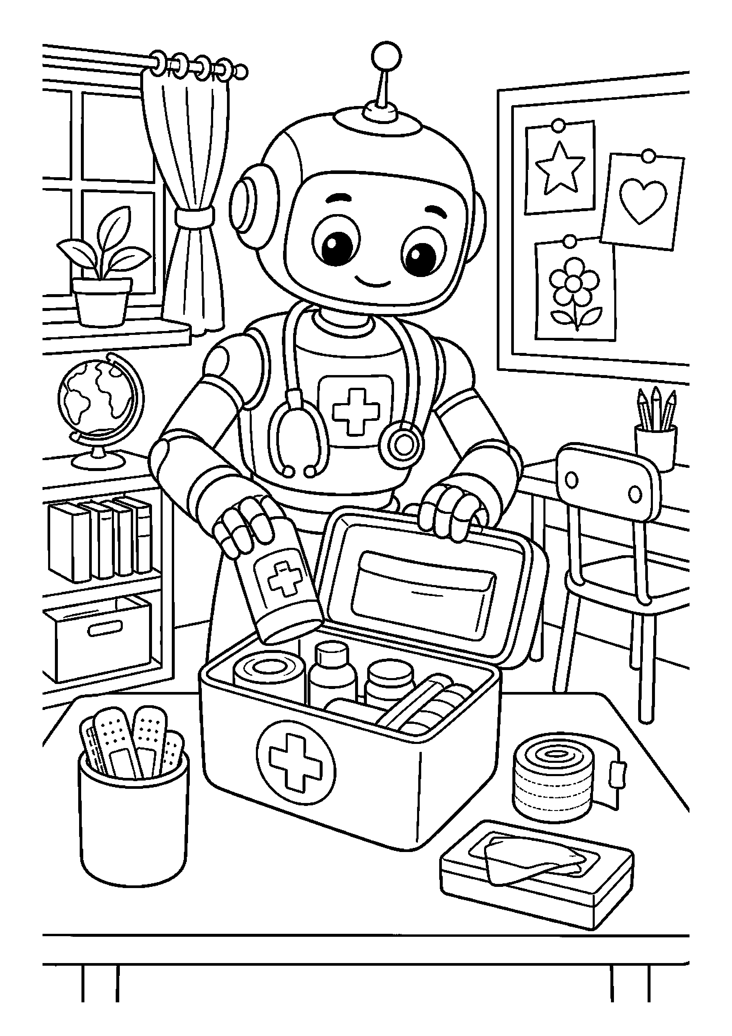 Robot lekarz porządkuje apteczkę w szkolnej sali
