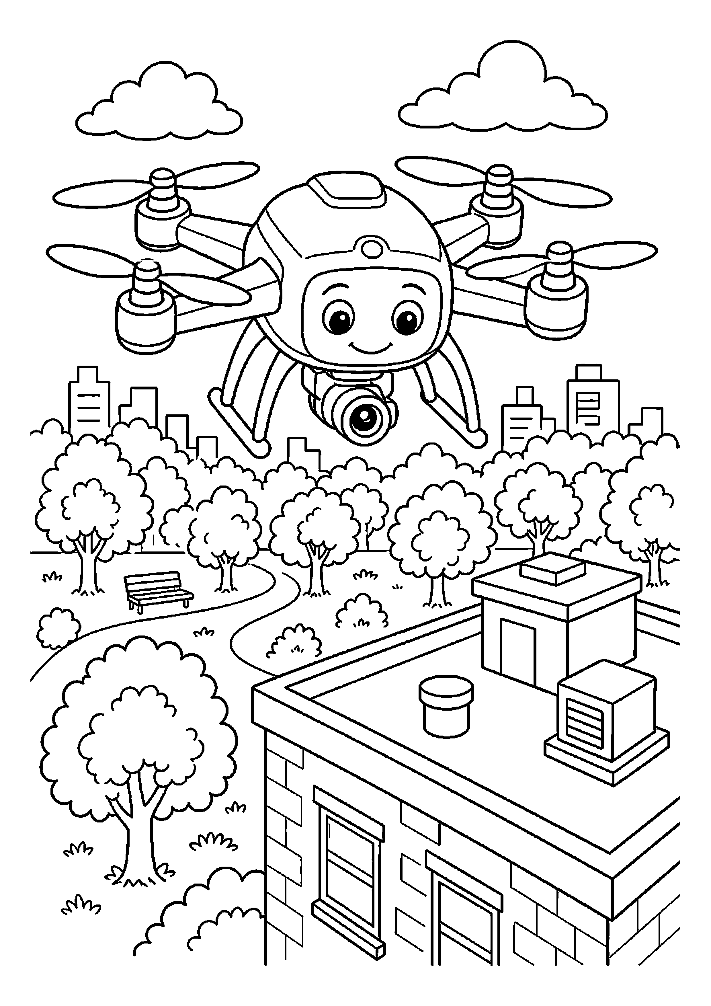 Dron obserwacyjny sprawdza stan dachu nad parkiem