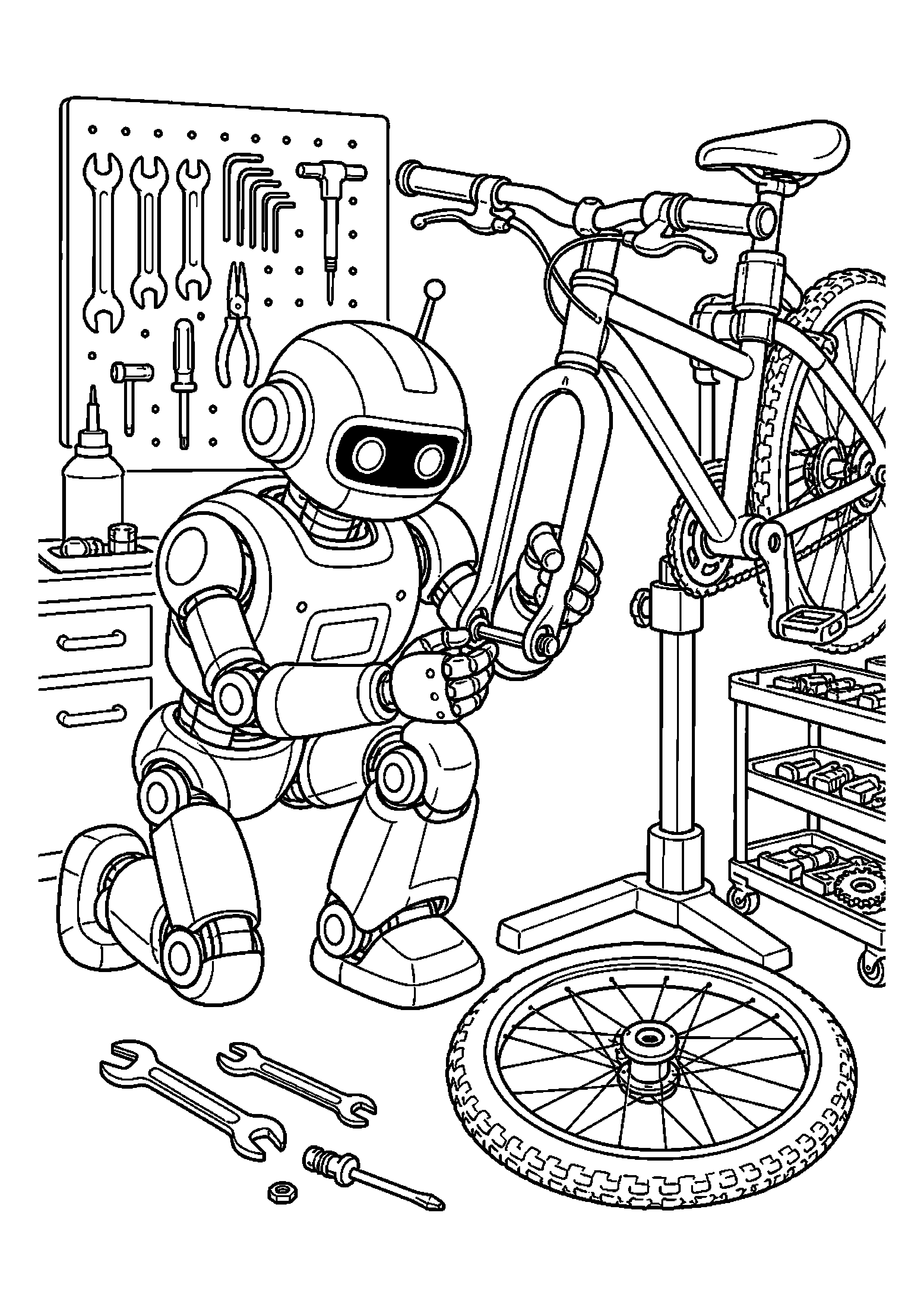 Robot naprawczy wymienia koło w rowerze na stacji serwisowej