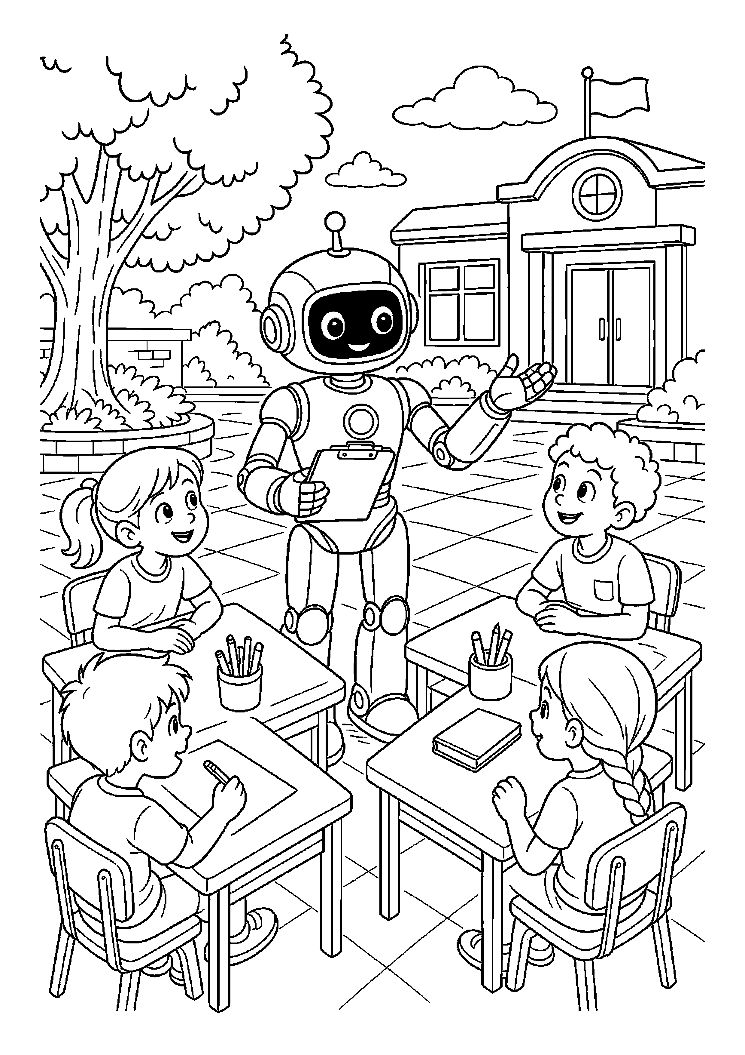Robot nauczyciel organizuje pracę w grupie na szkolnym dziedzińcu