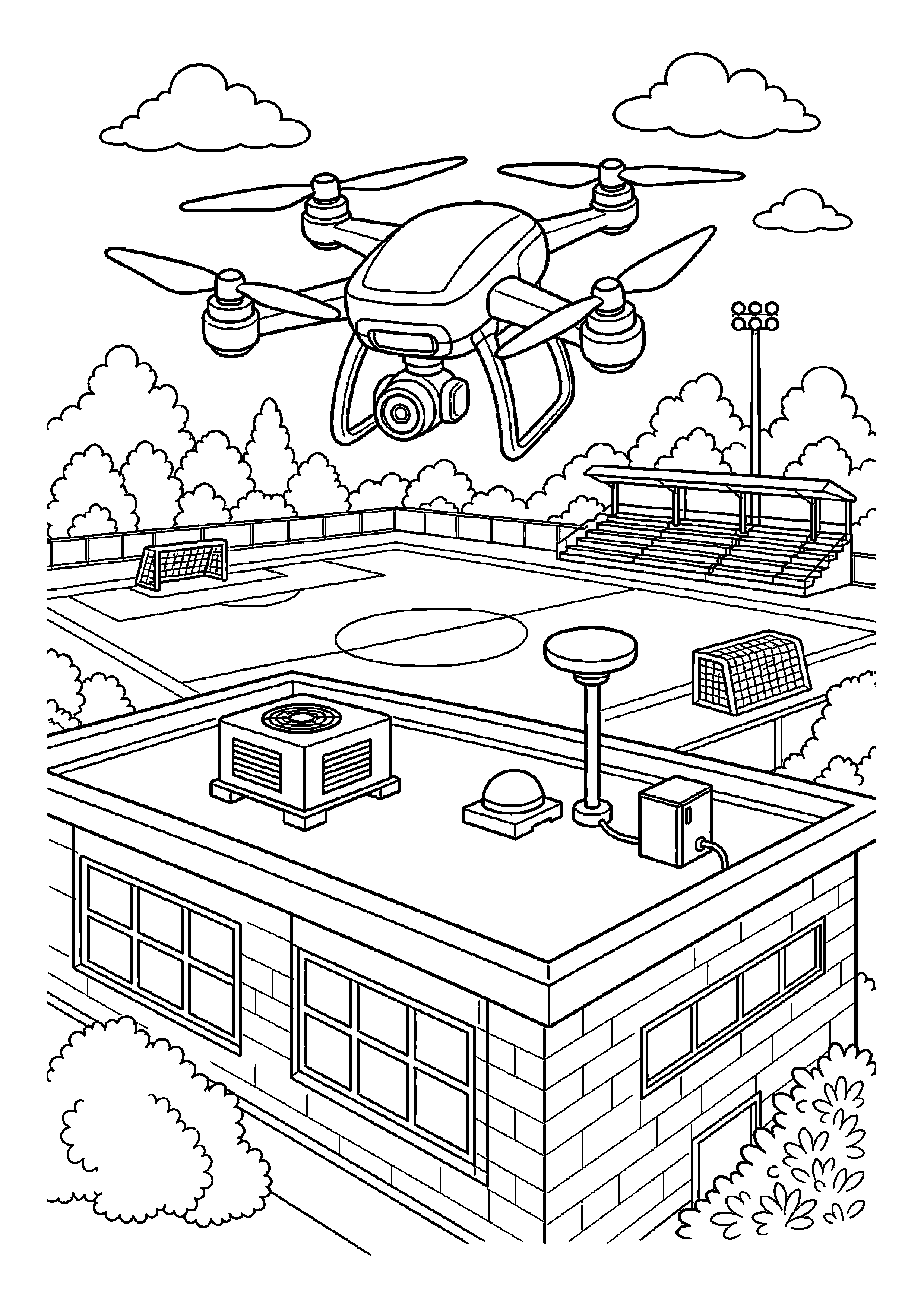 Dron obserwacyjny sprawdza stan dachu nad boiskiem