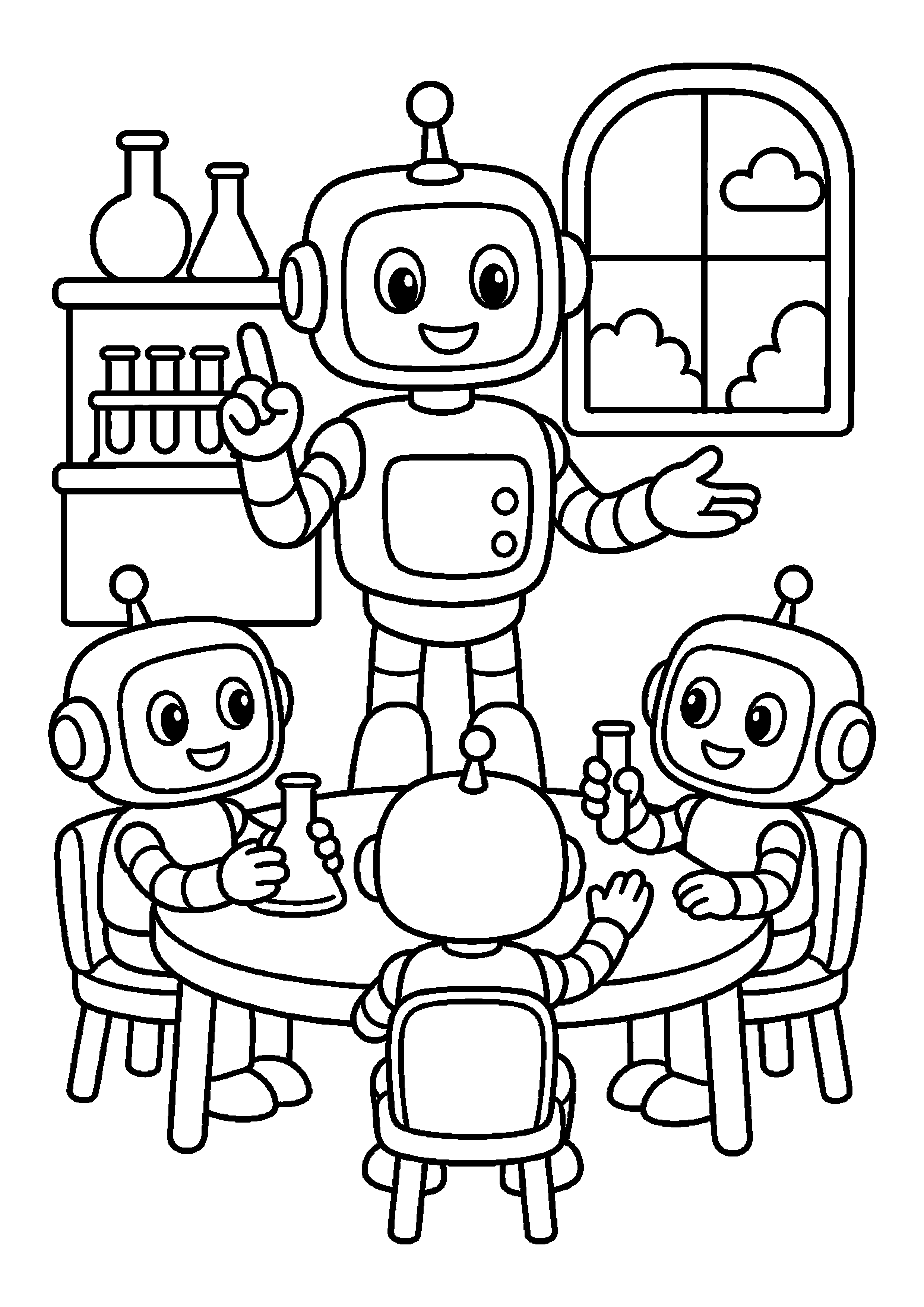 Robot nauczyciel organizuje pracę w grupie w pracowni naukowej